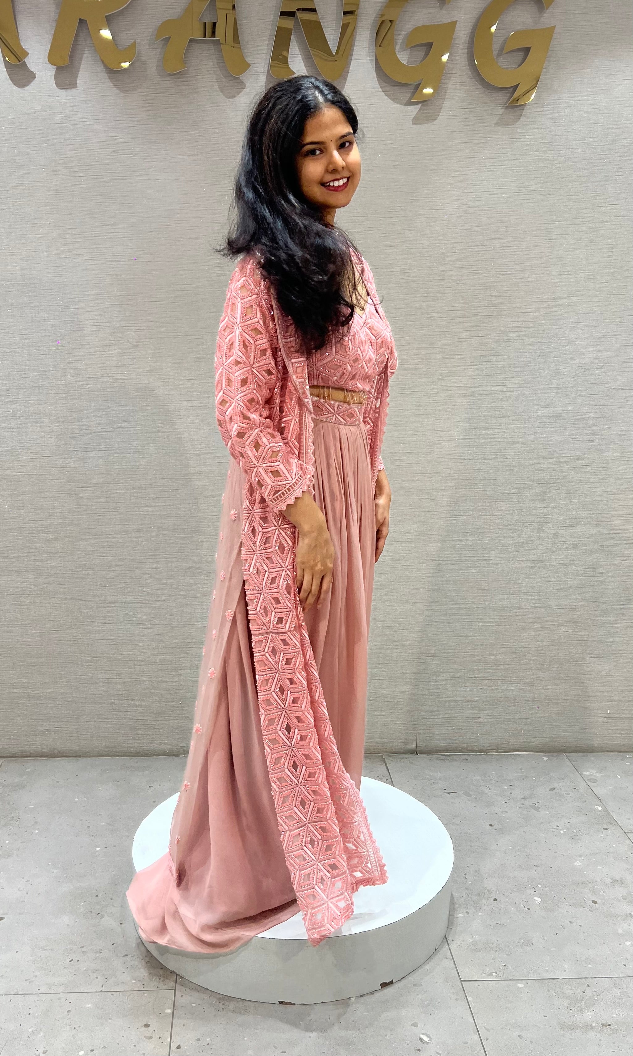 Onion Pink silk Embroidered Maxi Skirt with Cape Set