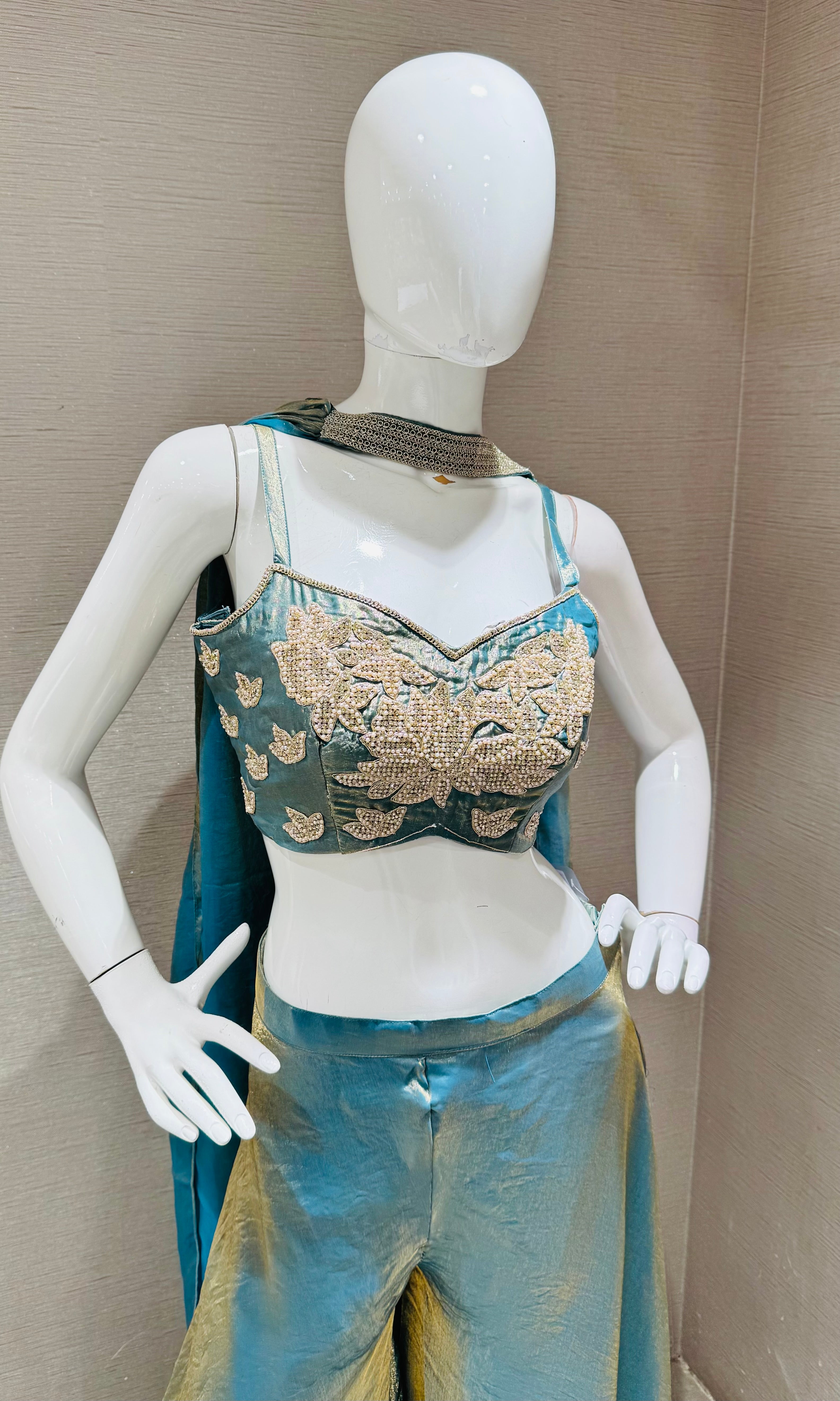 Sea Blue A-Line Shimmer Tissue Palazzo Set