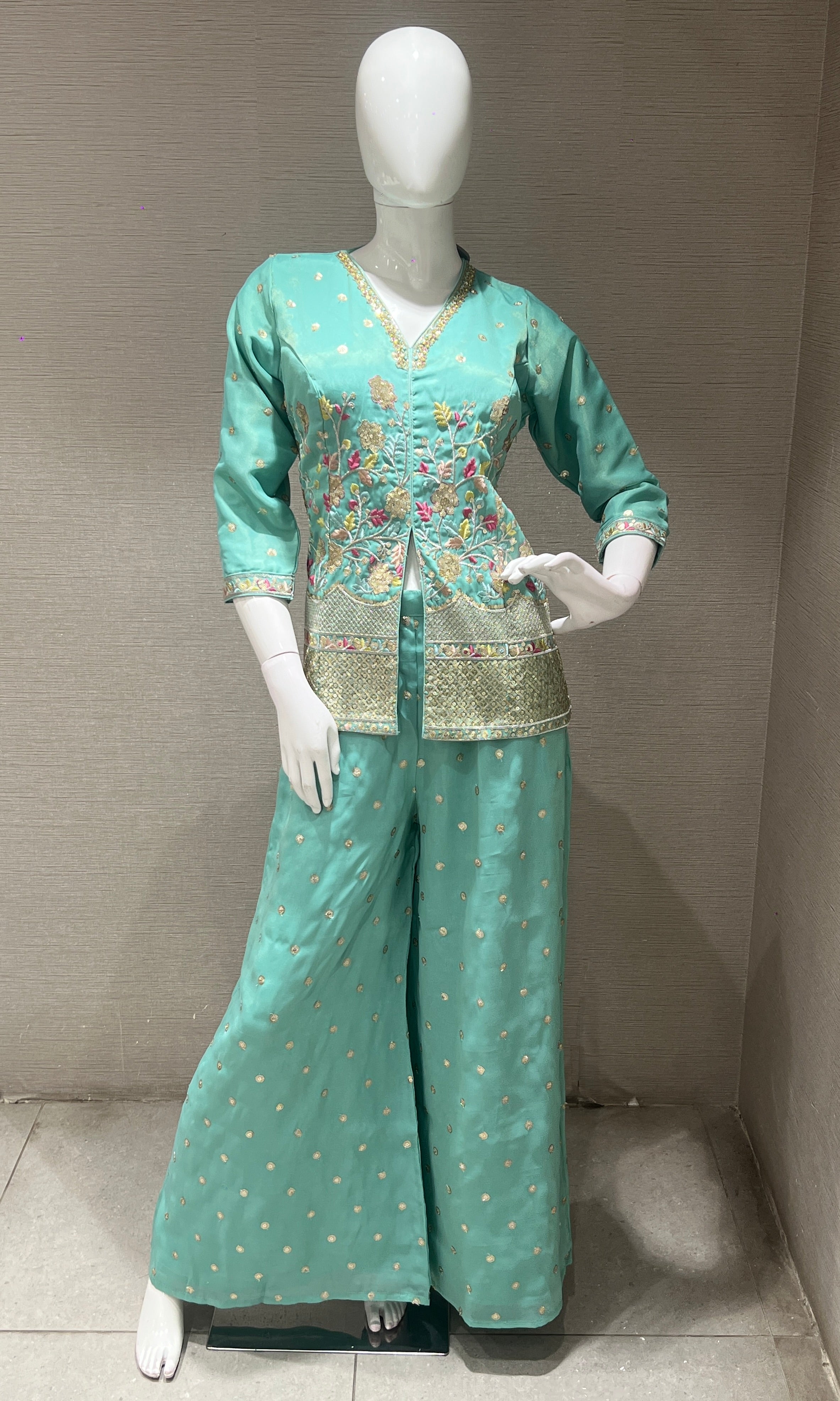 Light Blue Floral Embroidered Palazzo set