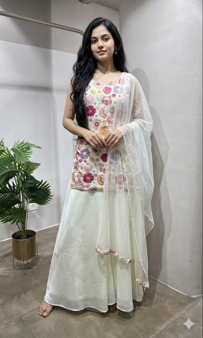 white multicolored floral sharara set