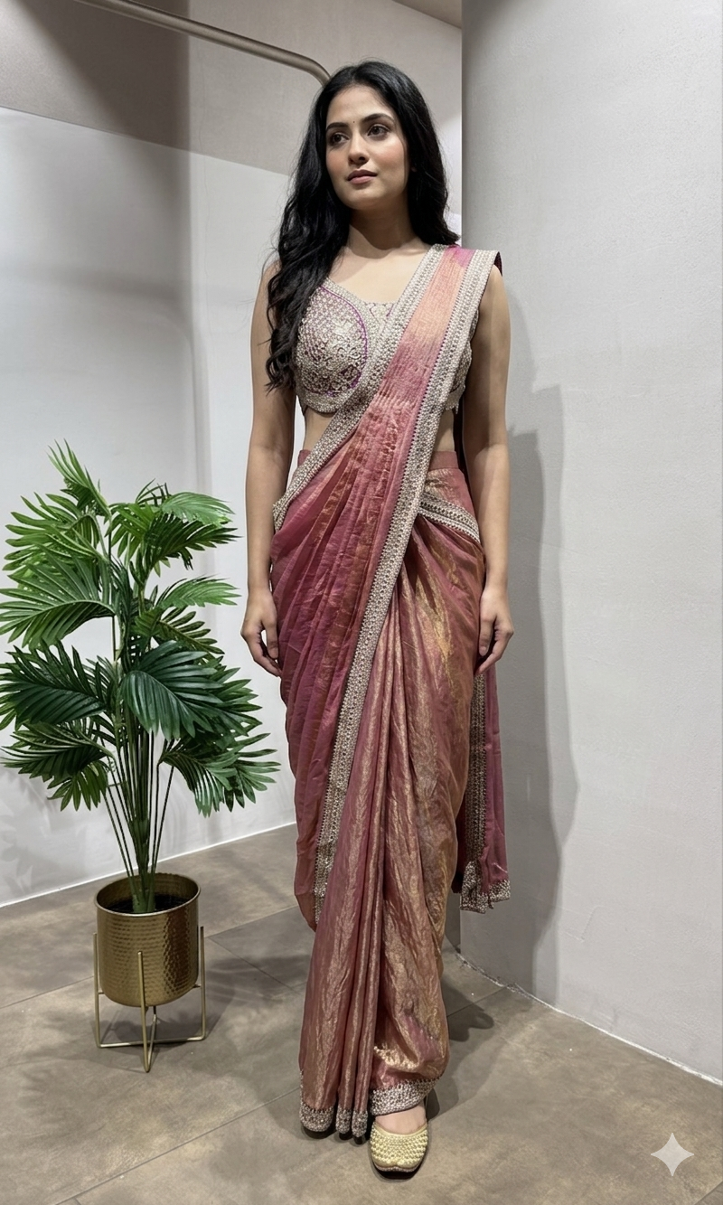 Wine drape saree with embellished blouse