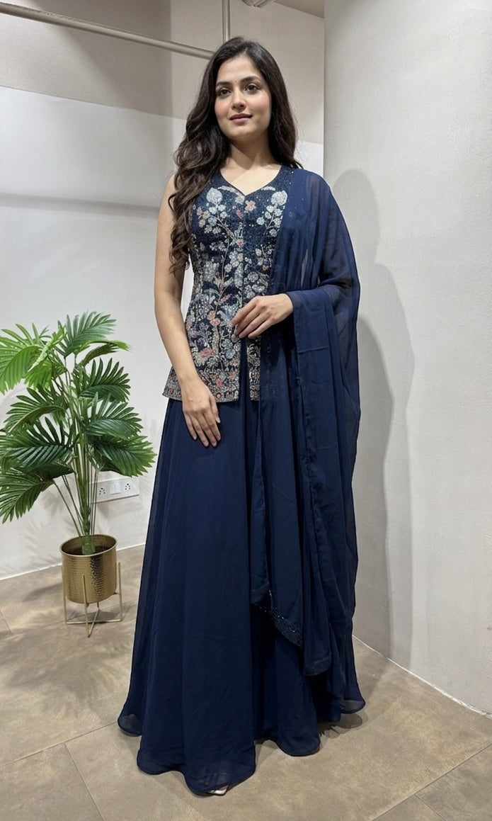 Navy blue georgette sequin palazzo suit
