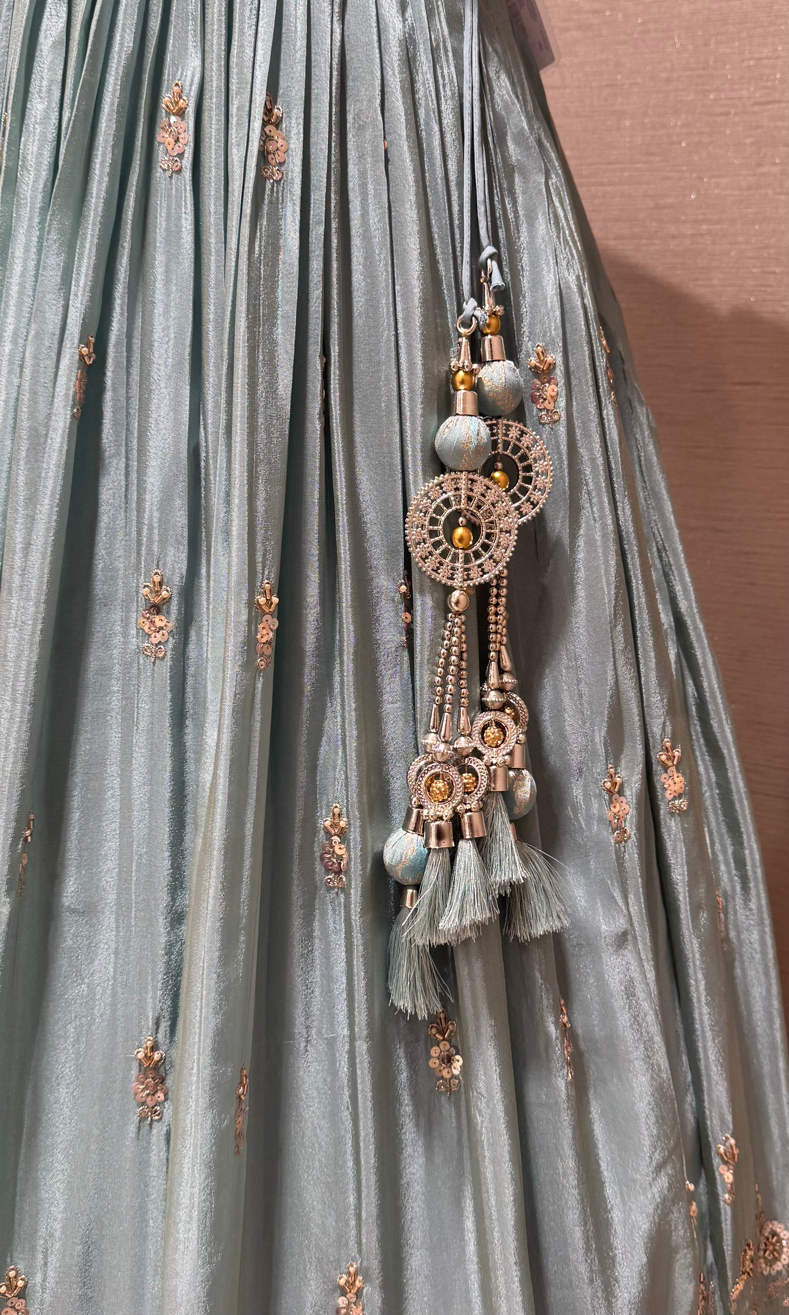 Light blue Sequins Embroidered Tissue Lehenga Choli