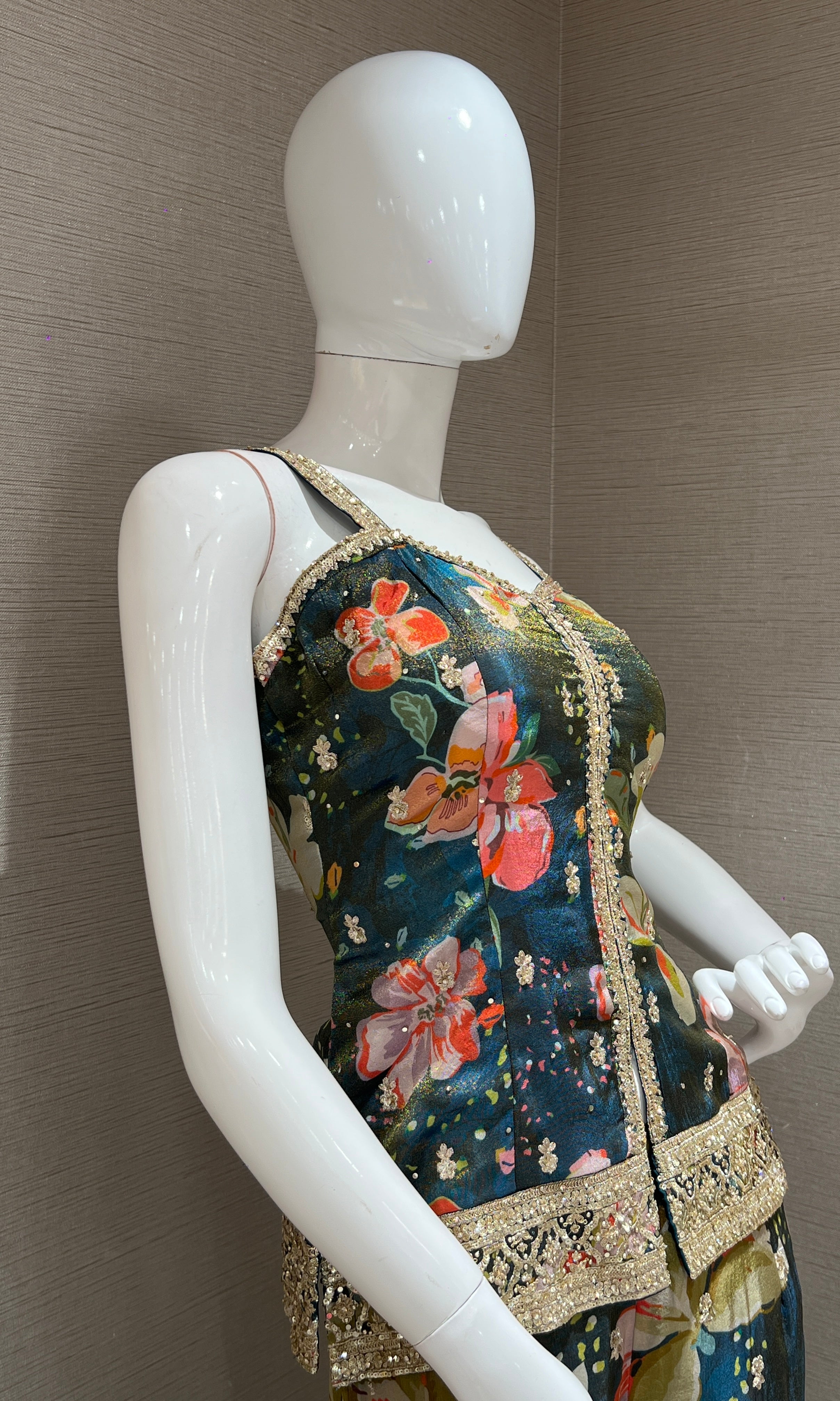 peacock Green floral print sharara set with short blouse