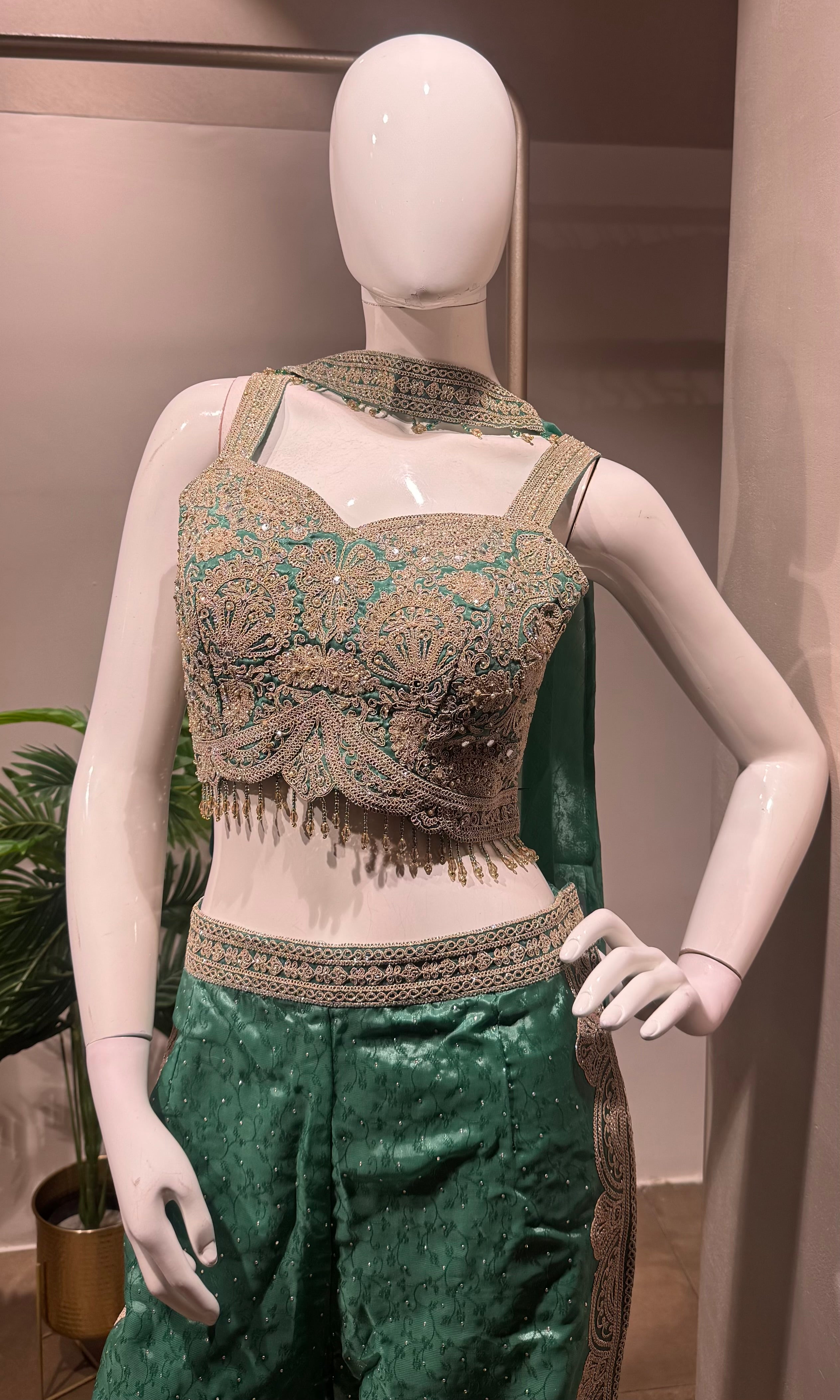 Green sequins crop top and palazzo set