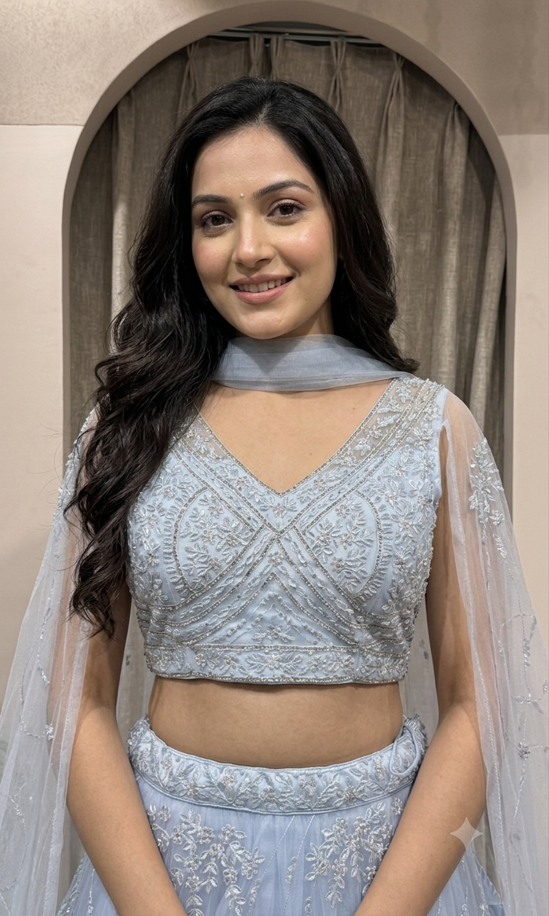 blue floral embroidered netted crop top lehenga