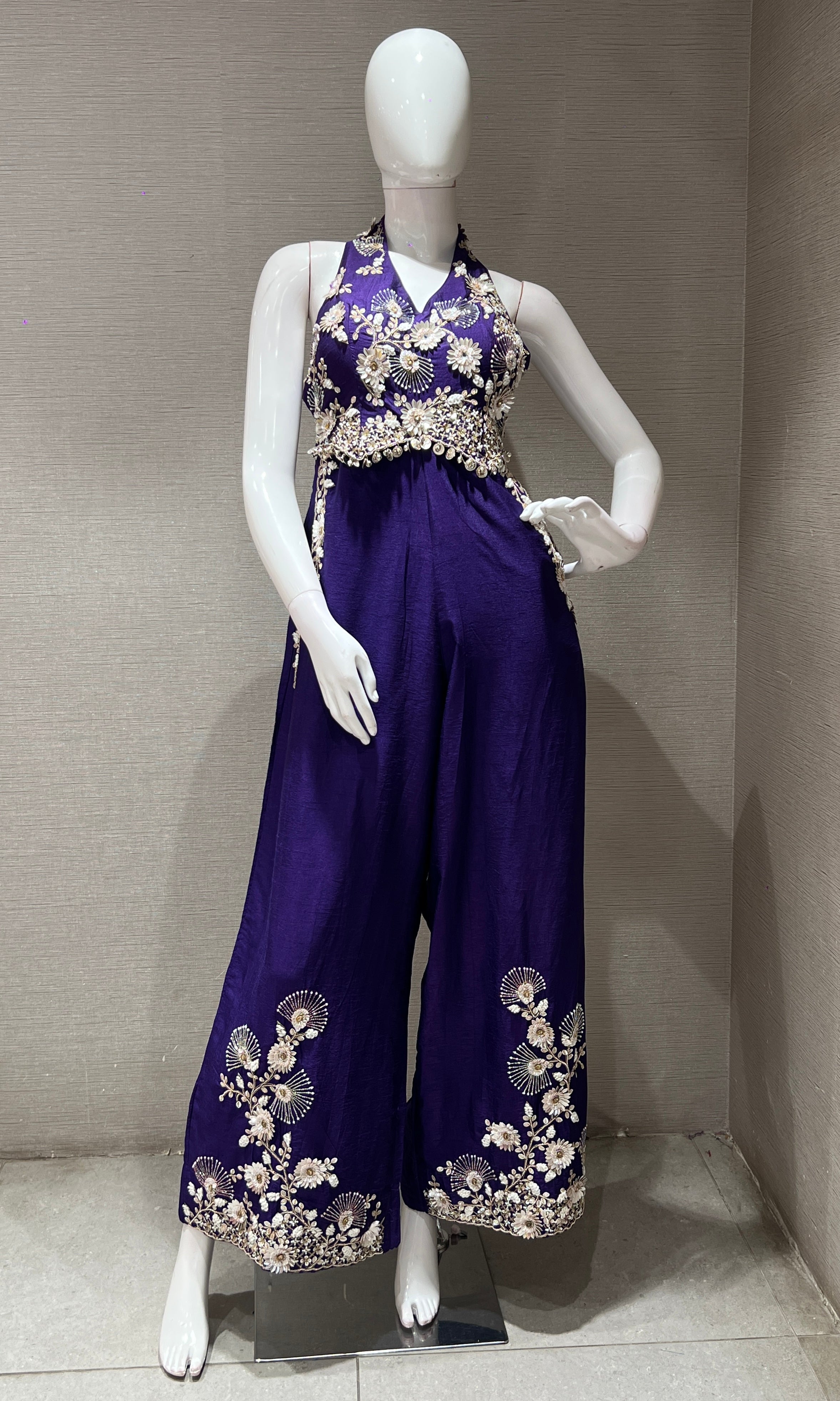 halter neck Purple jumpsuit with floral embroidery