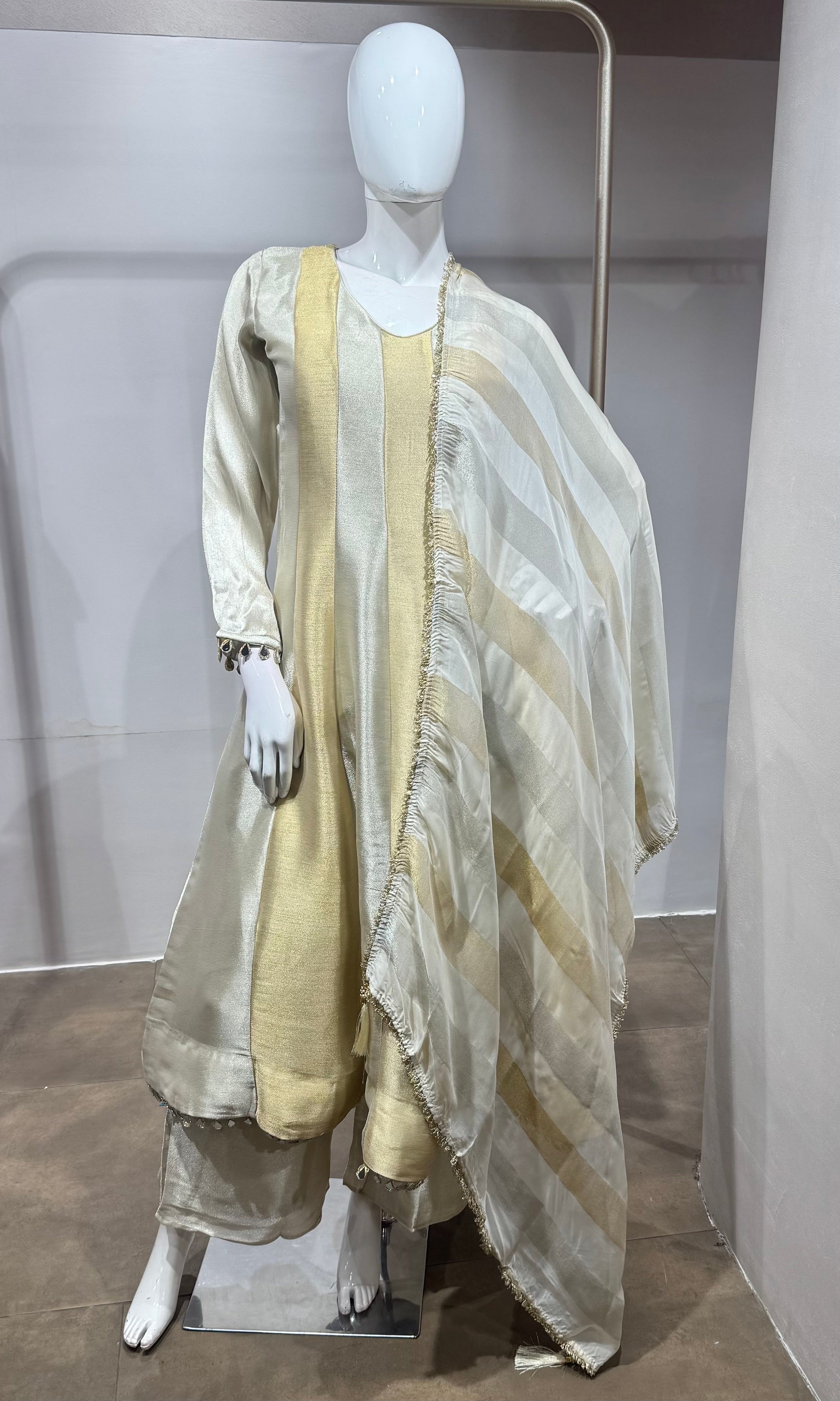 Cream golden tissue anarkali set