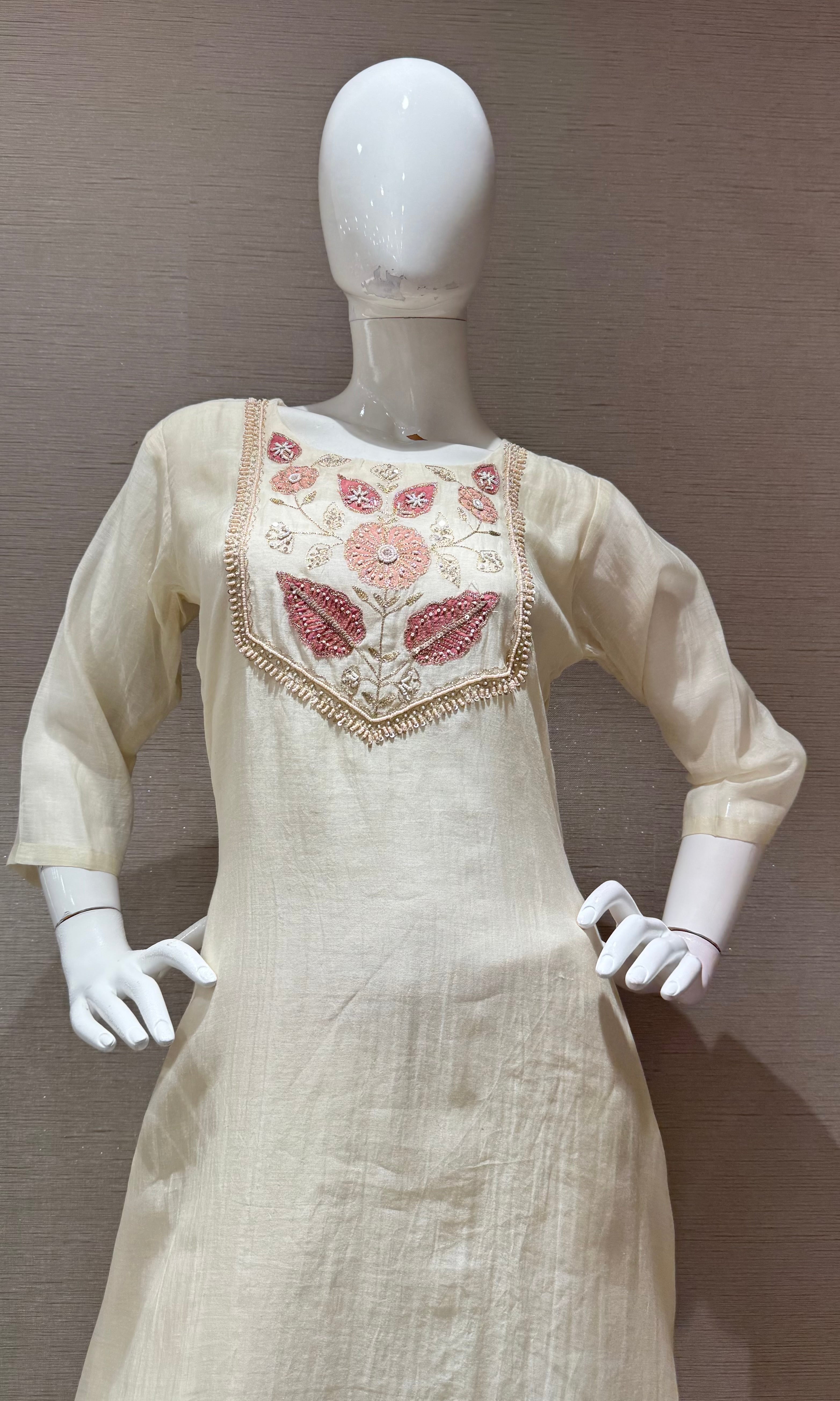 Half White Elegance Floral Embroidered Kurta Set