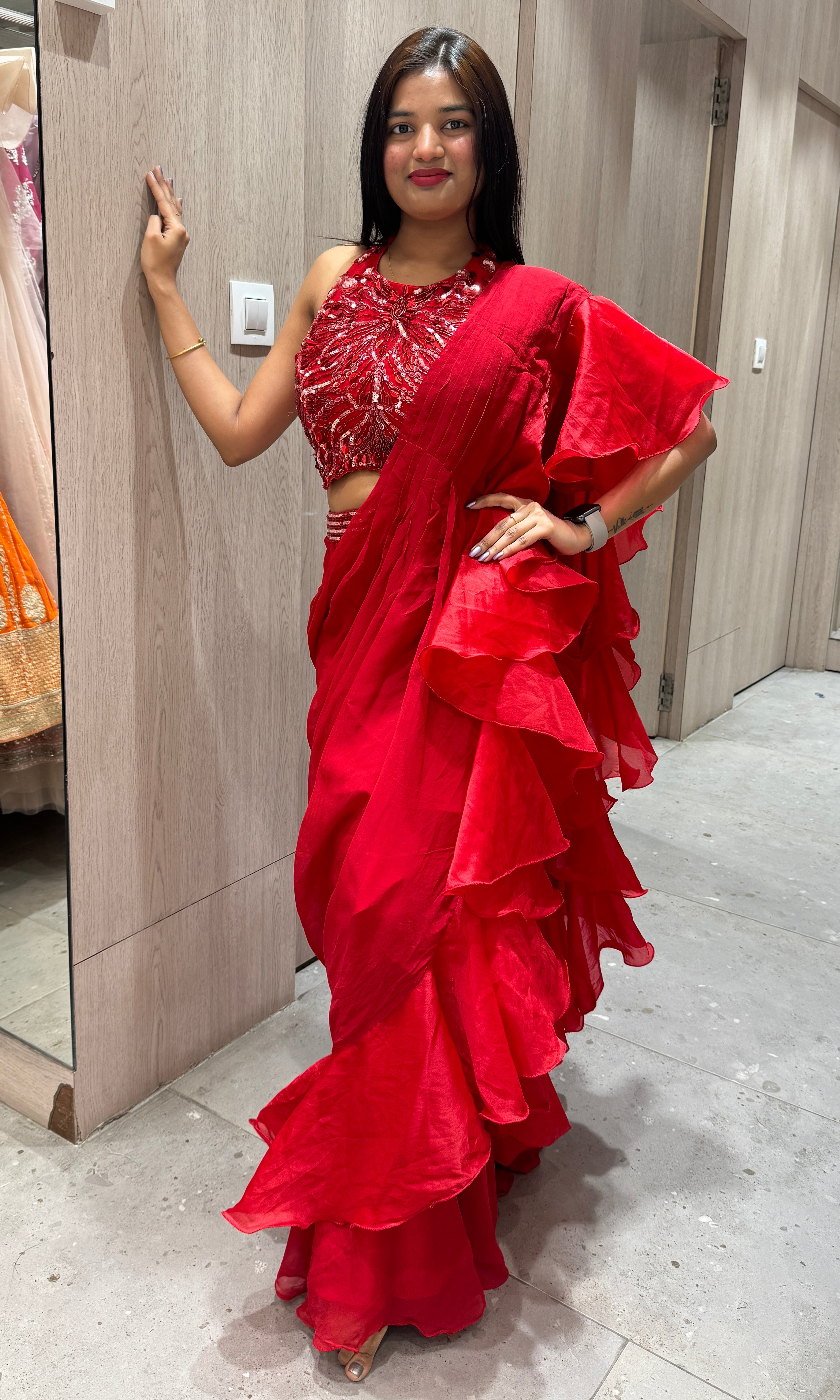 Red Ruffle Drape Saree with Halter Blouse