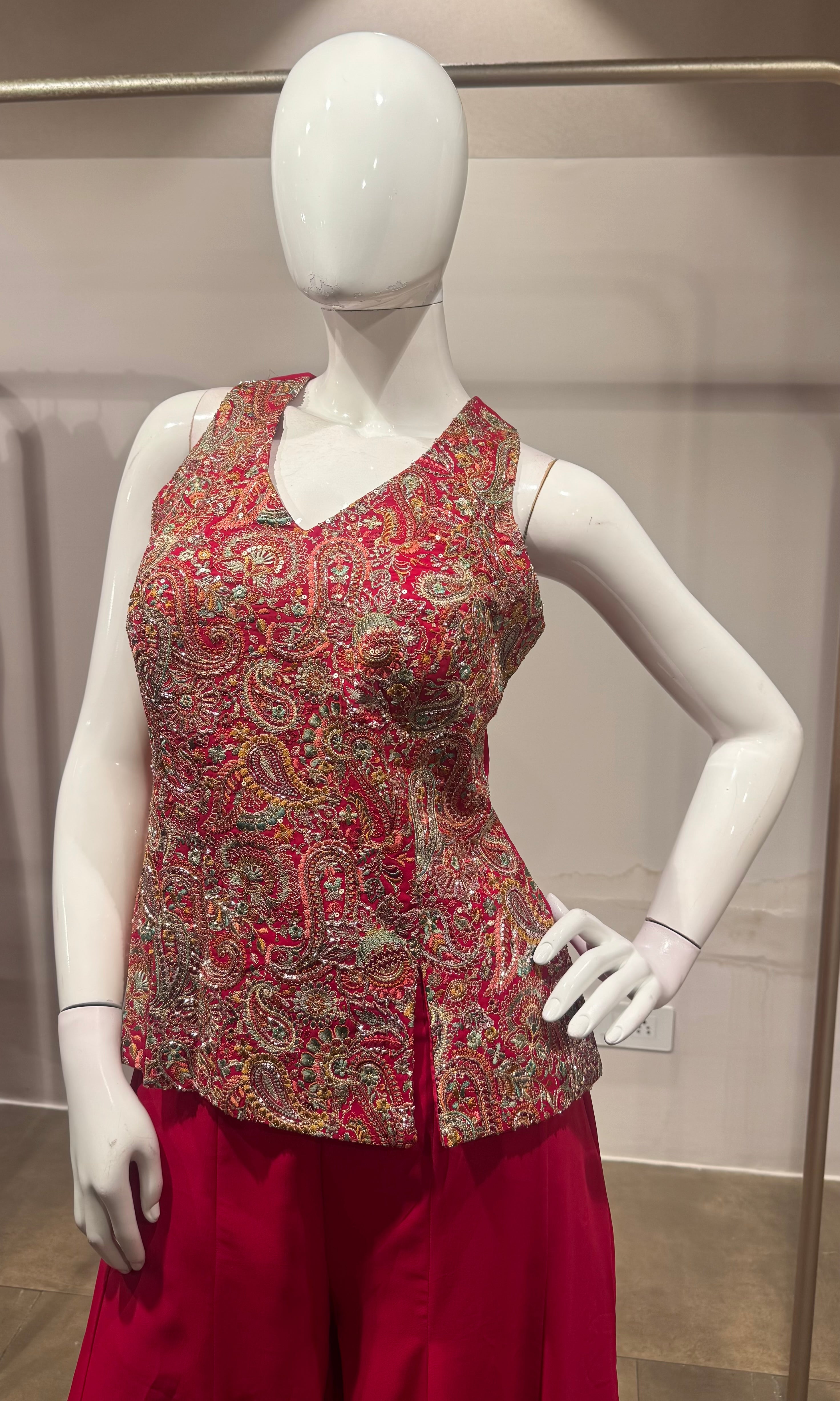 Pink Embroidered Peplum Palazzo Set