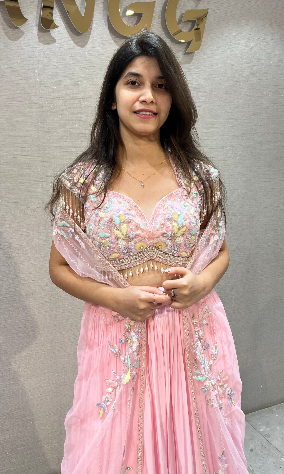 Blush Pink Floral Embroidered Crop Top Lehenga
