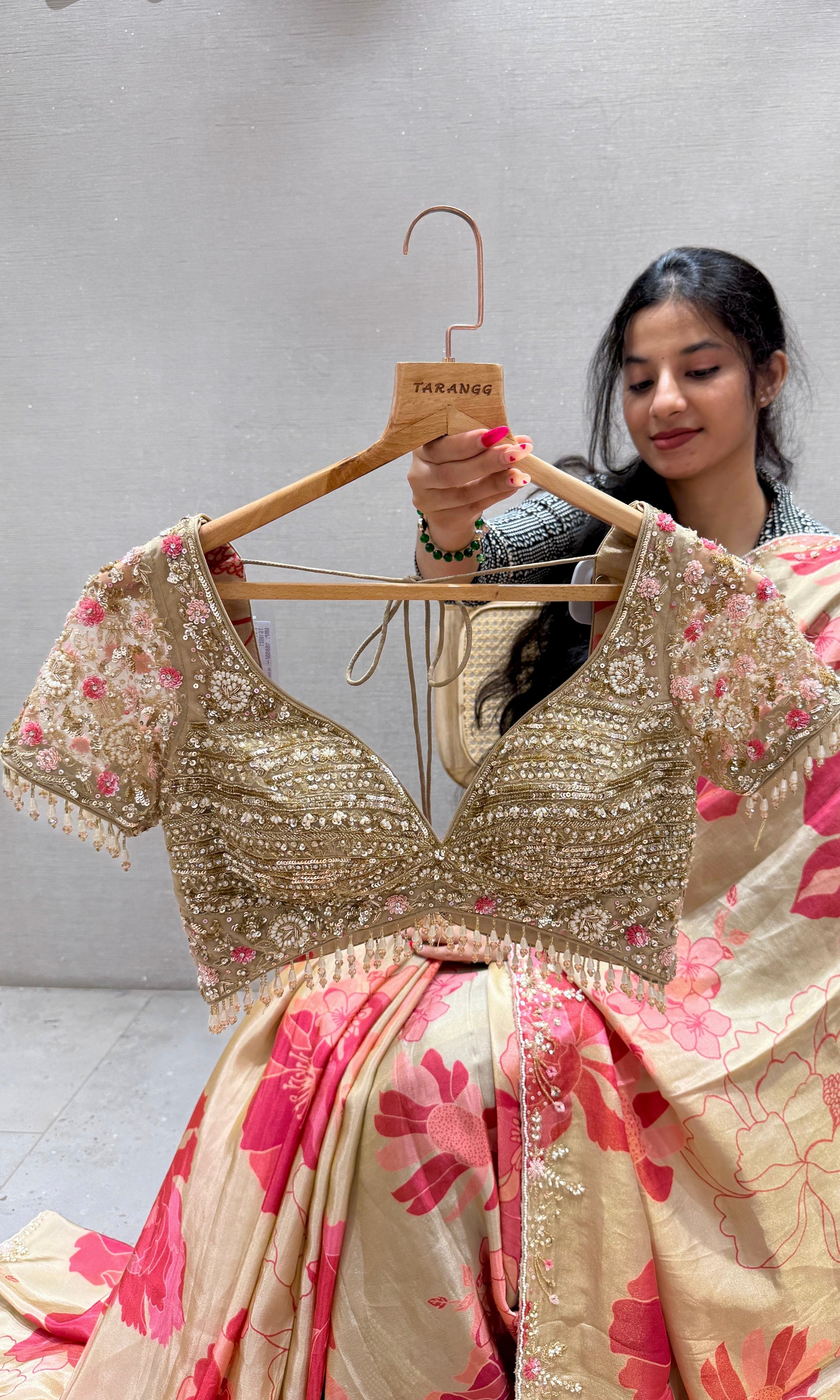 Cream gold floral print satin silk saree with ready blouse