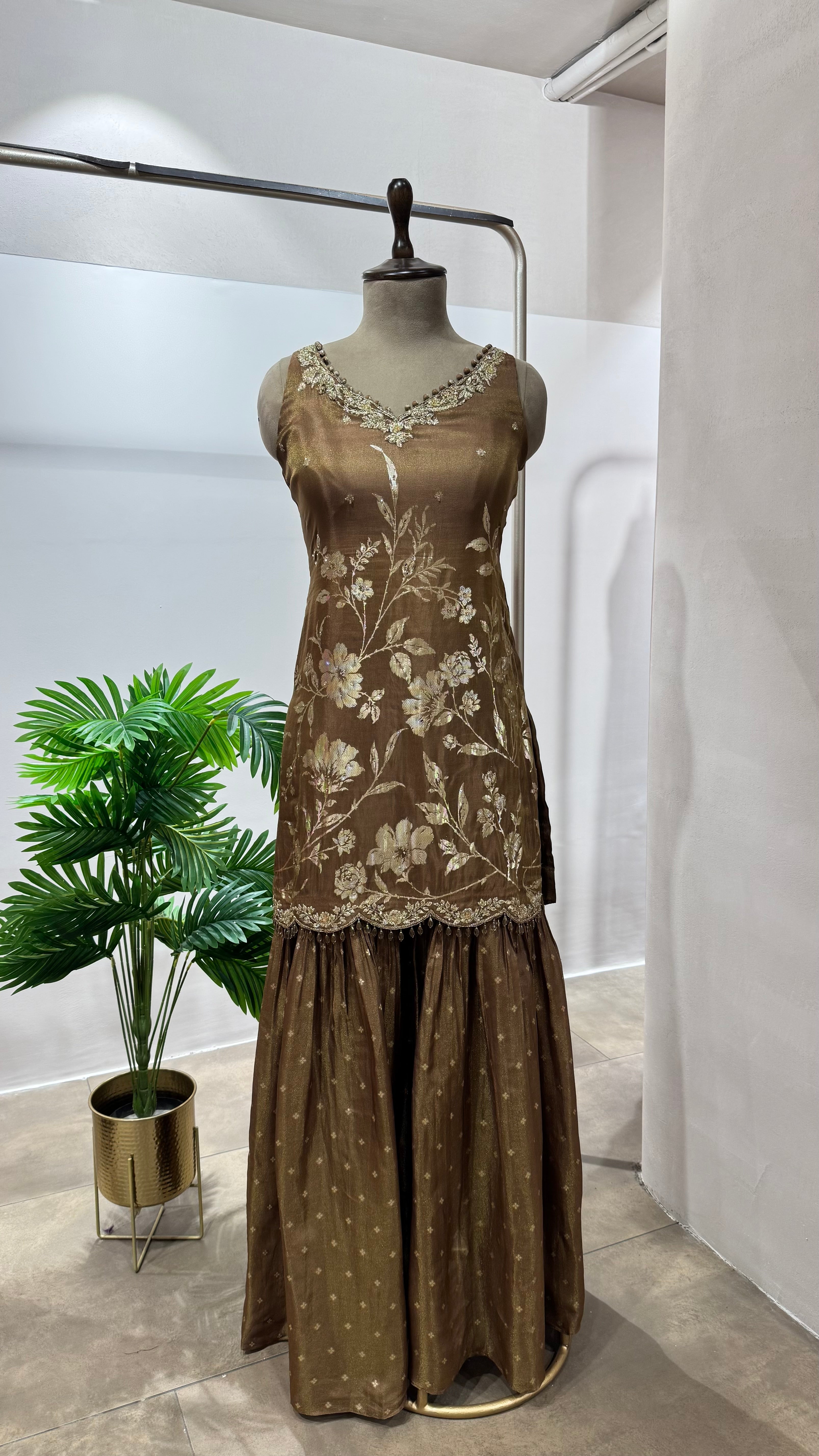 Brown GOLDEN FLORAL ETHNIC SHARARA SET
