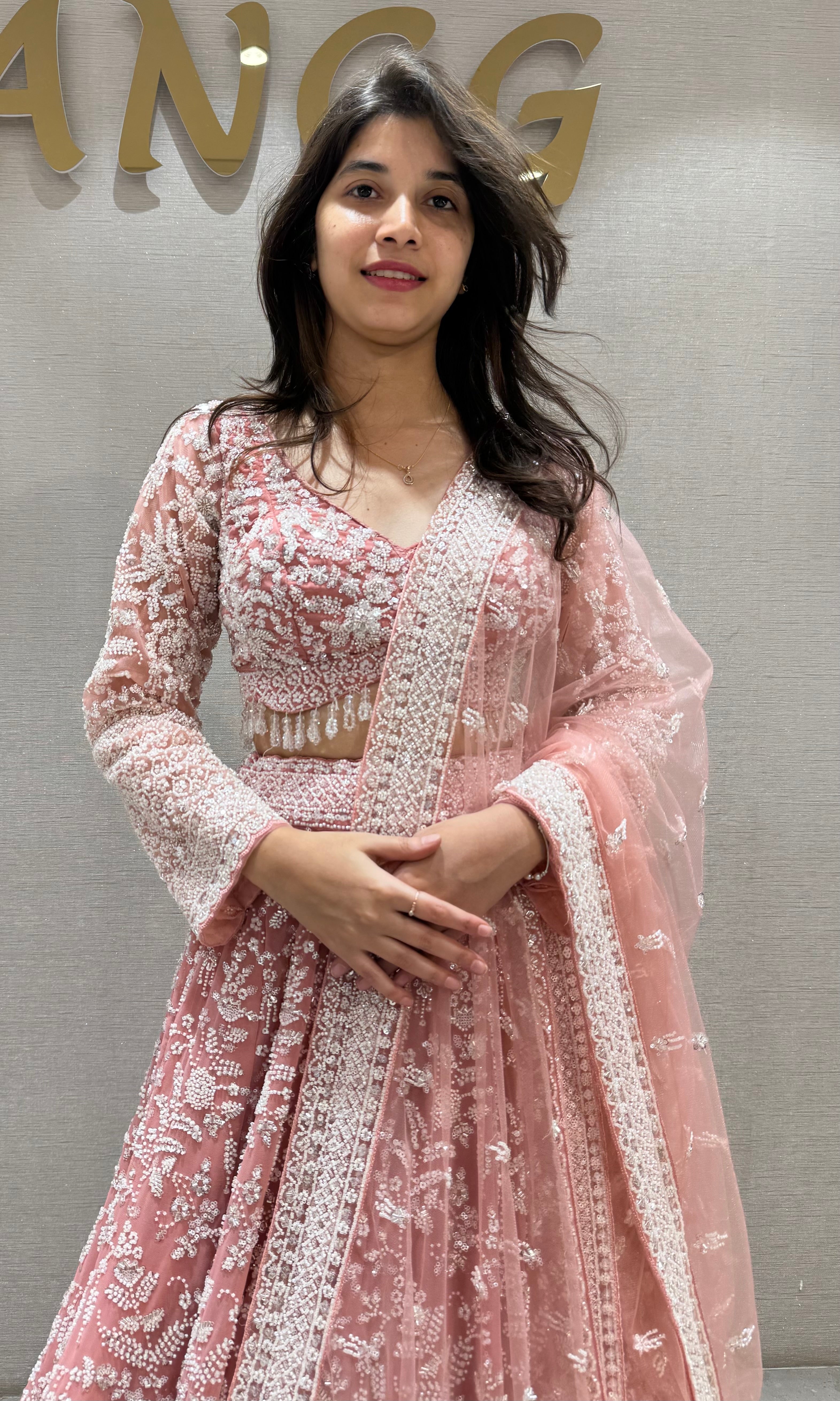 PEACH Net Lehenga with Intricate Sequins