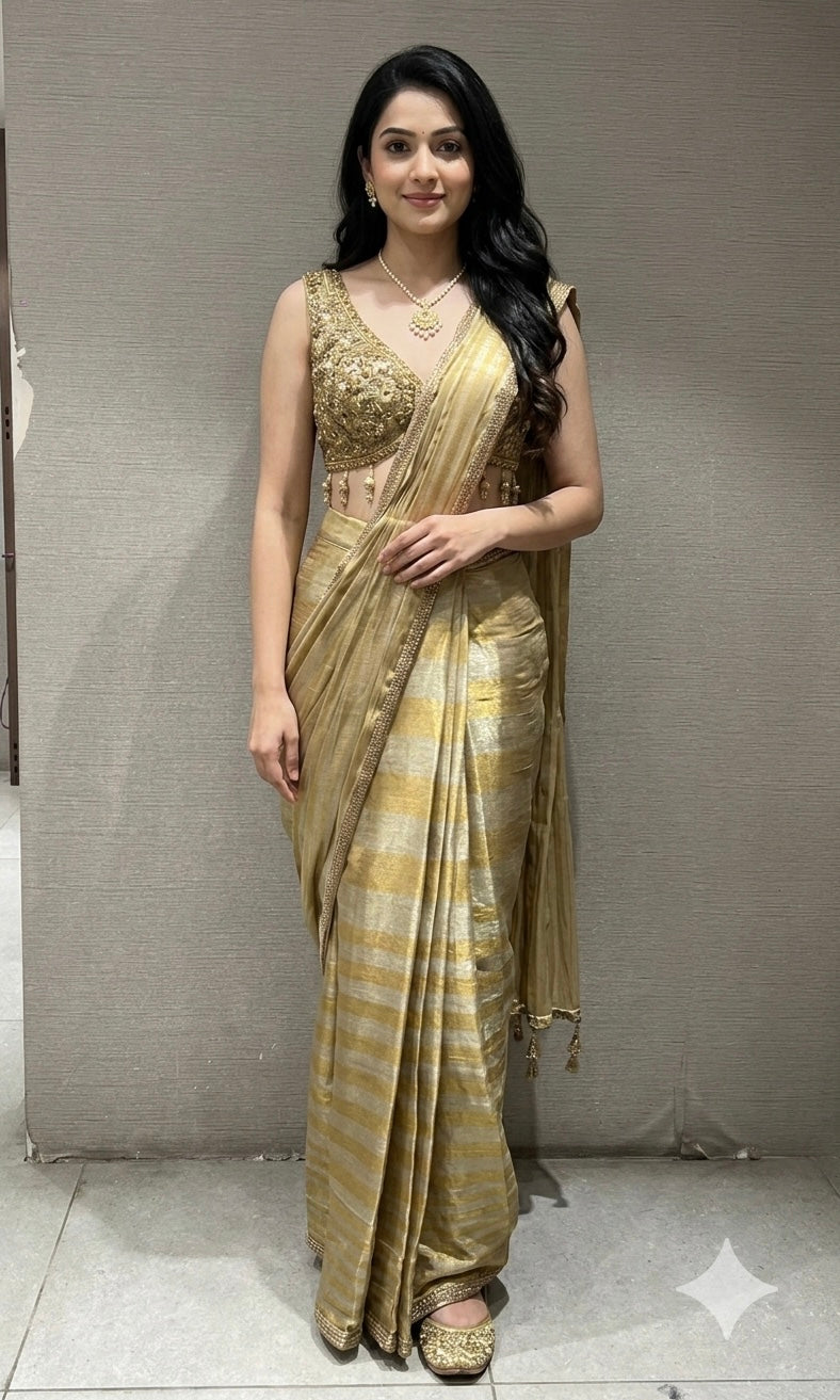 GOLD DRAPE SAREE WITH GOLDEN BLOUSE