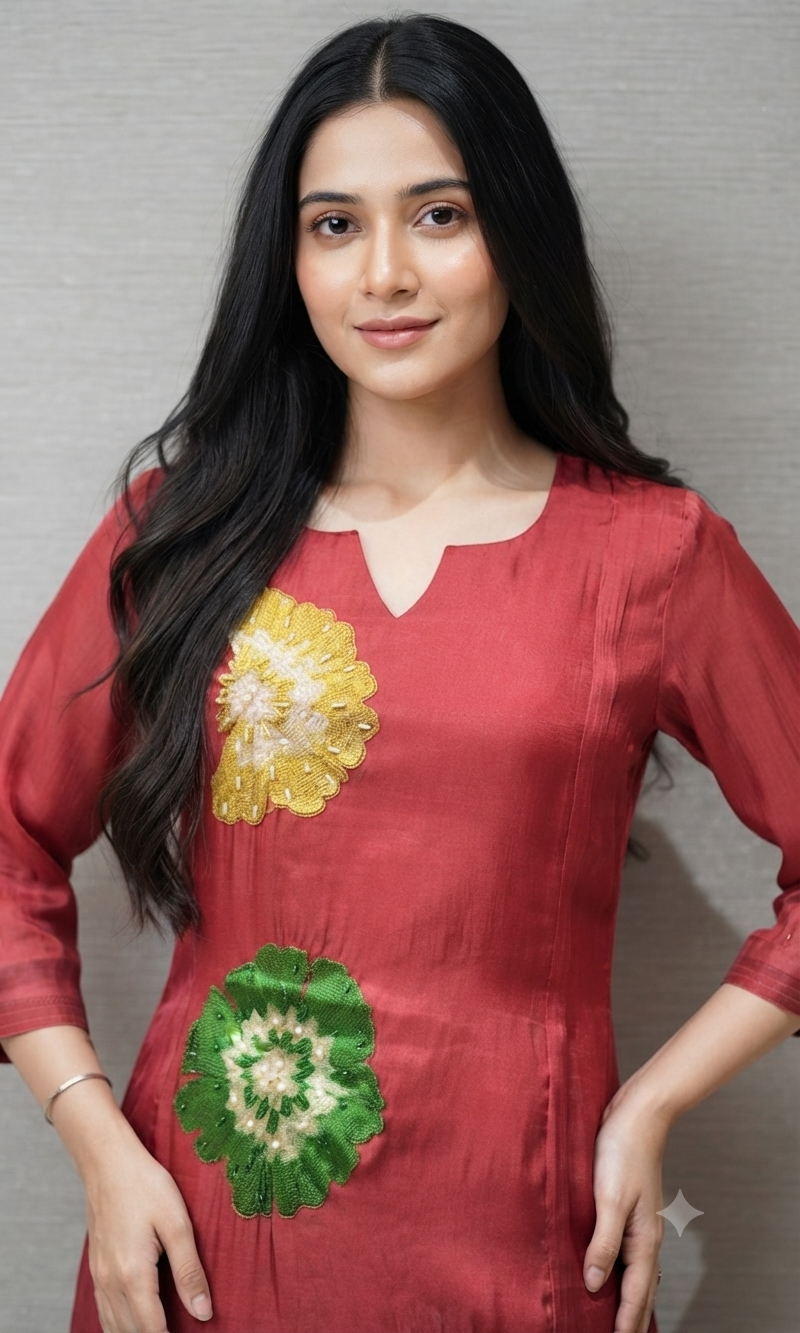 Maroon cotton silk Floral Motif Kurta set with dupatta