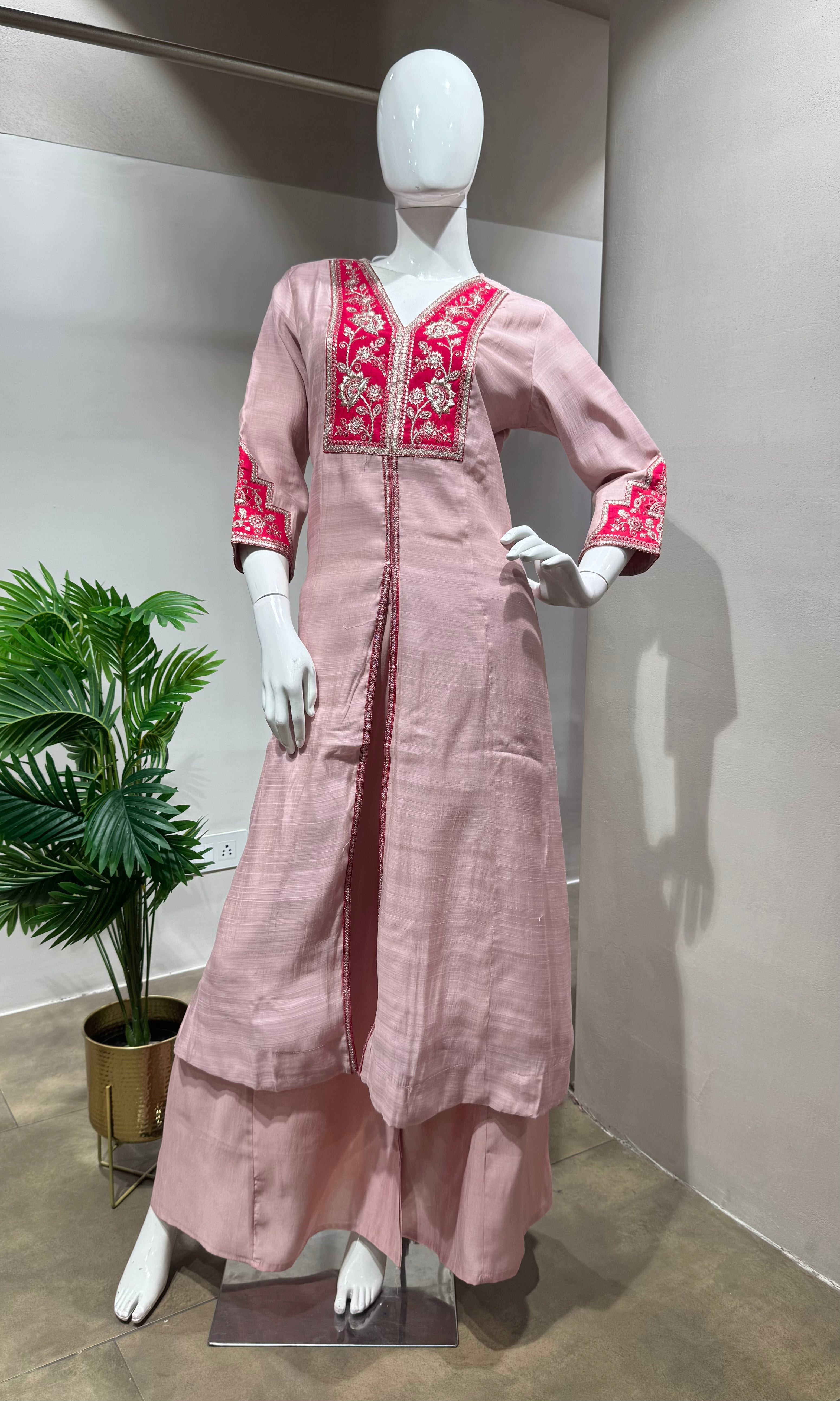PINK EMBROIDERED FRONT SLIT KURTA SET