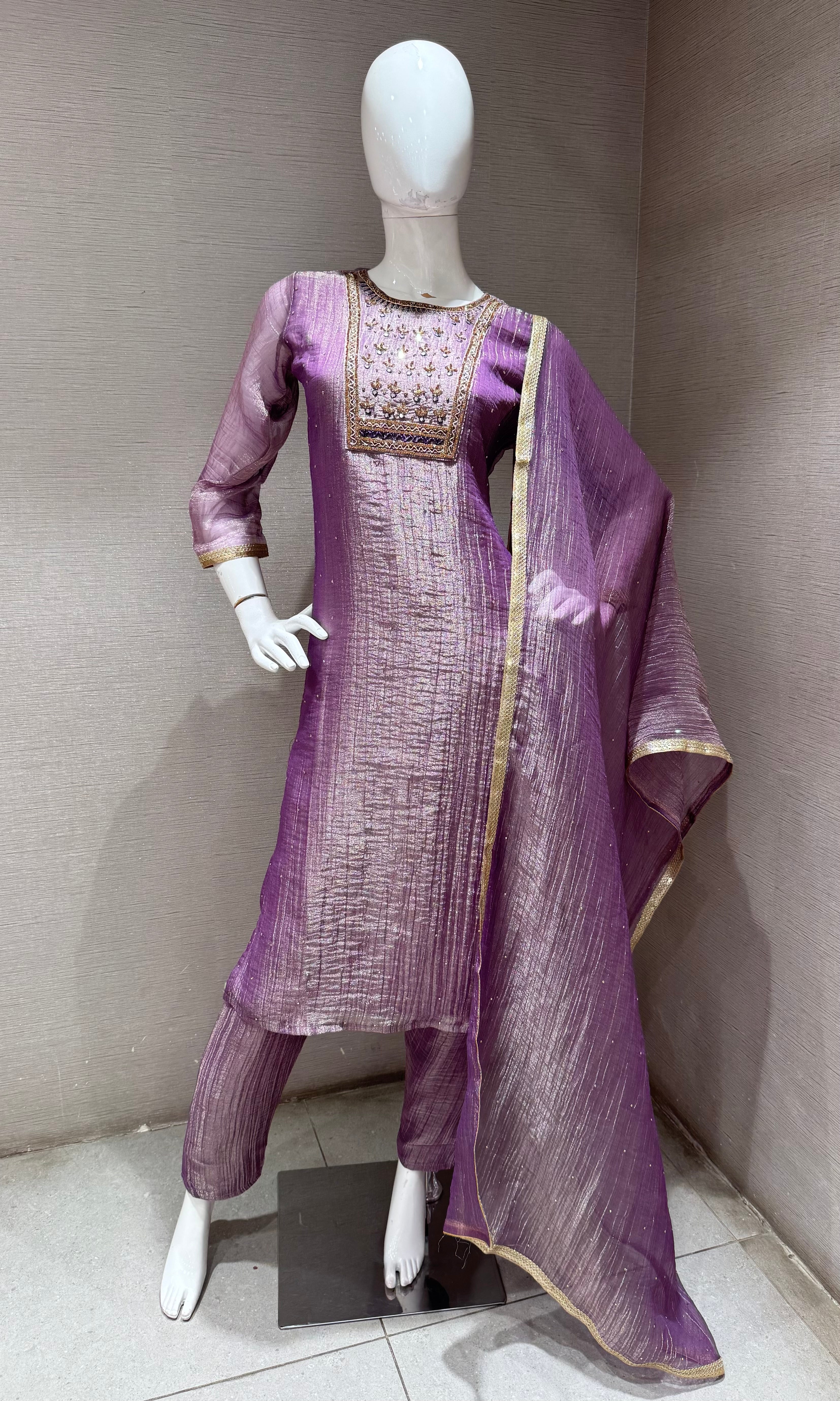 Lavender Tissue silk Salwar Kurta set with Gold Embroidery