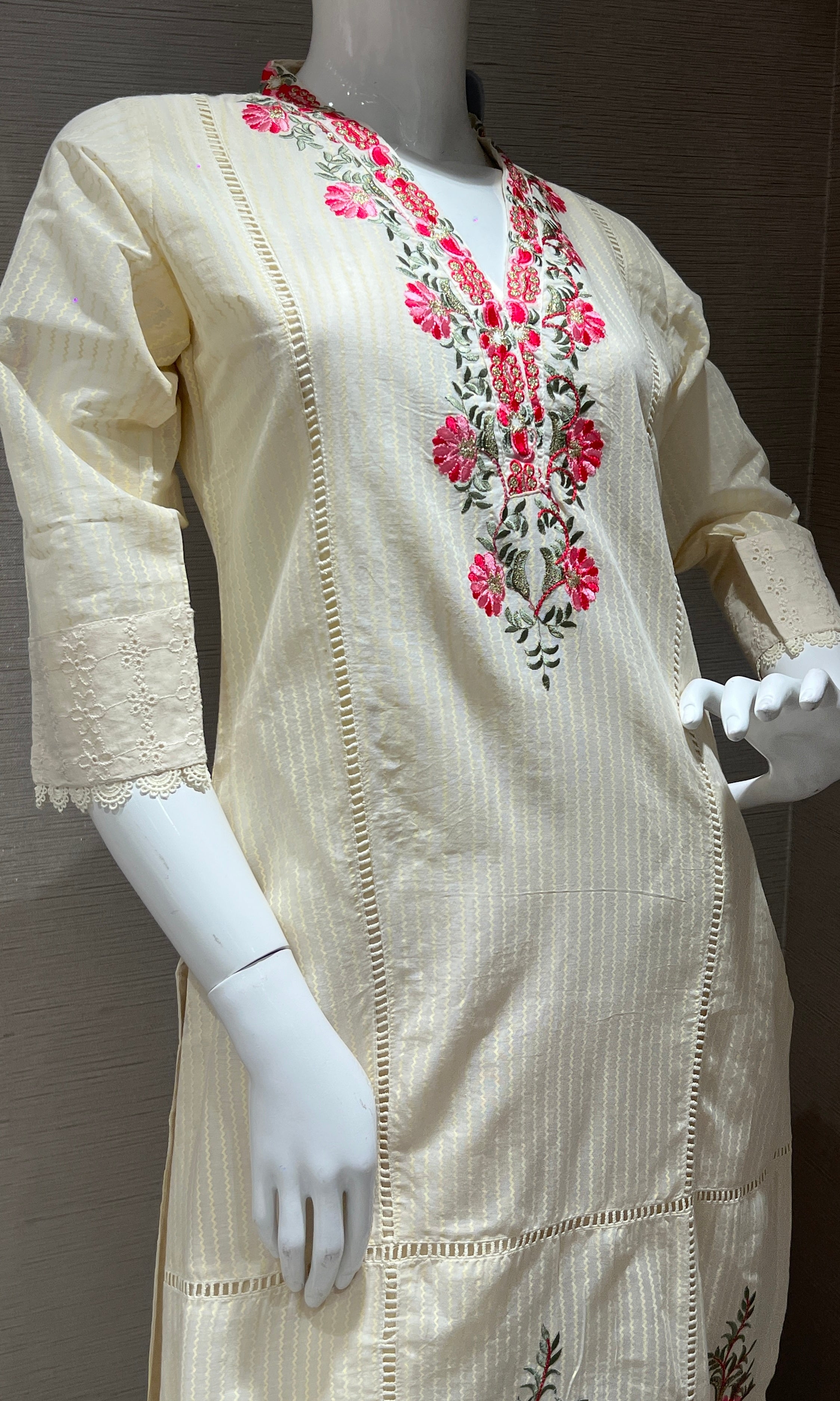 Cream Embroidered Kurta Set with Pink Dupatta