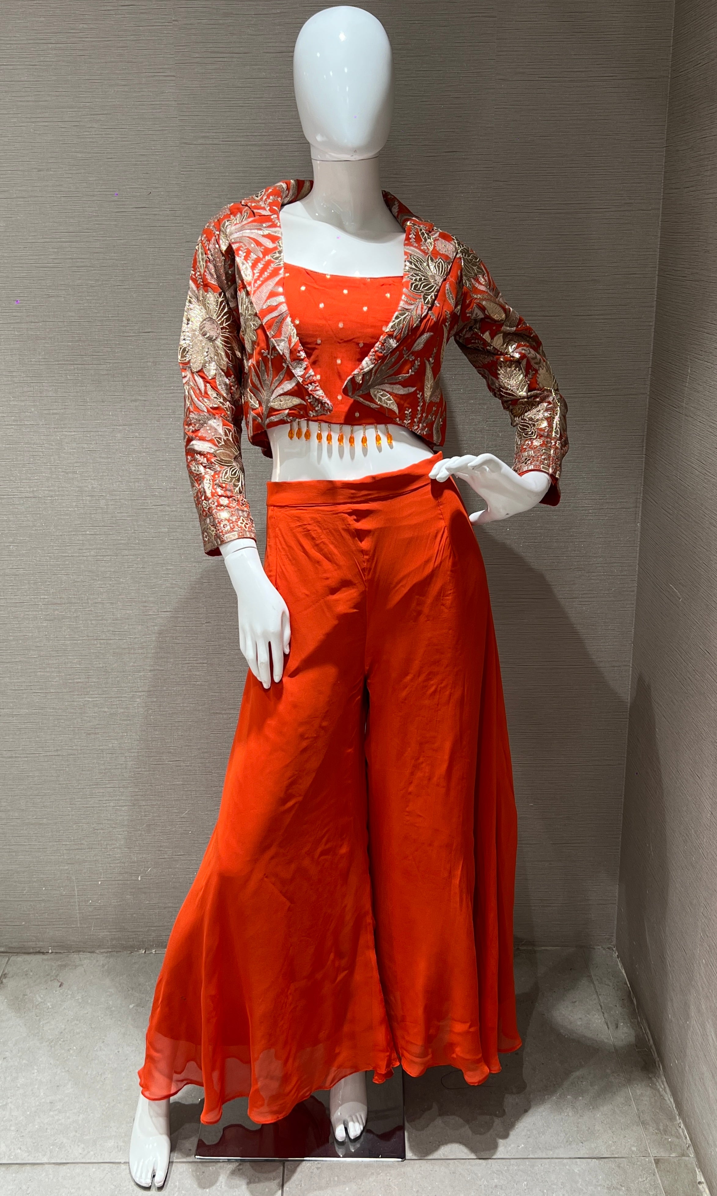 orange Palazzo Set with Embroidered Jacket