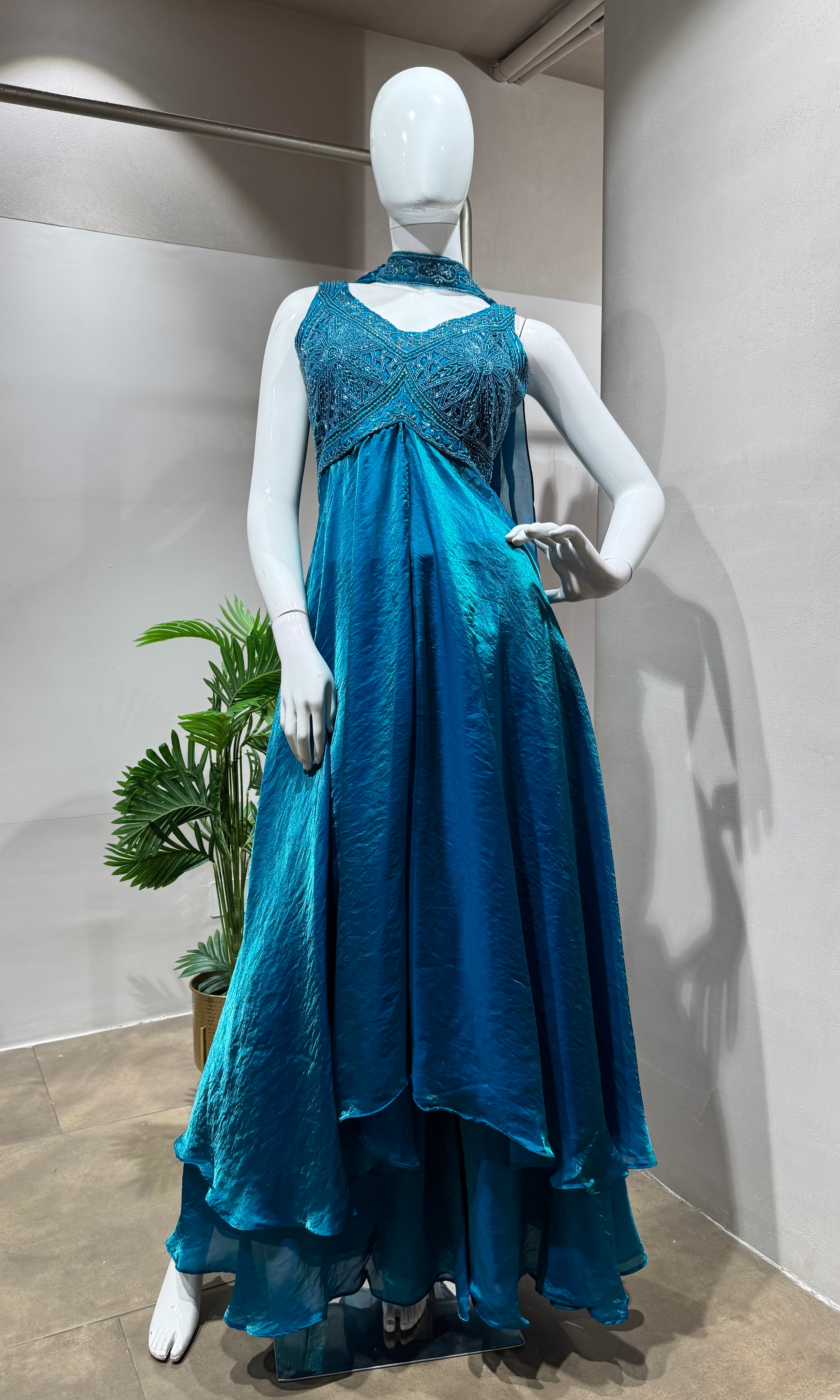 RAMA BLUE A LINE SHIMMER TISSUE PALAZZO SET