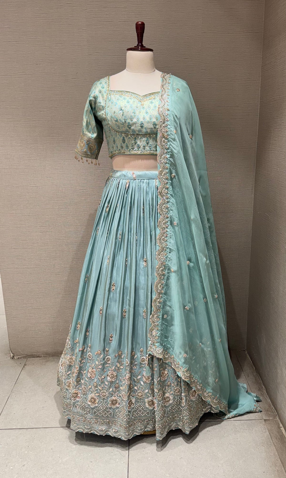 Light blue Sequins Embroidered Tissue Lehenga Choli