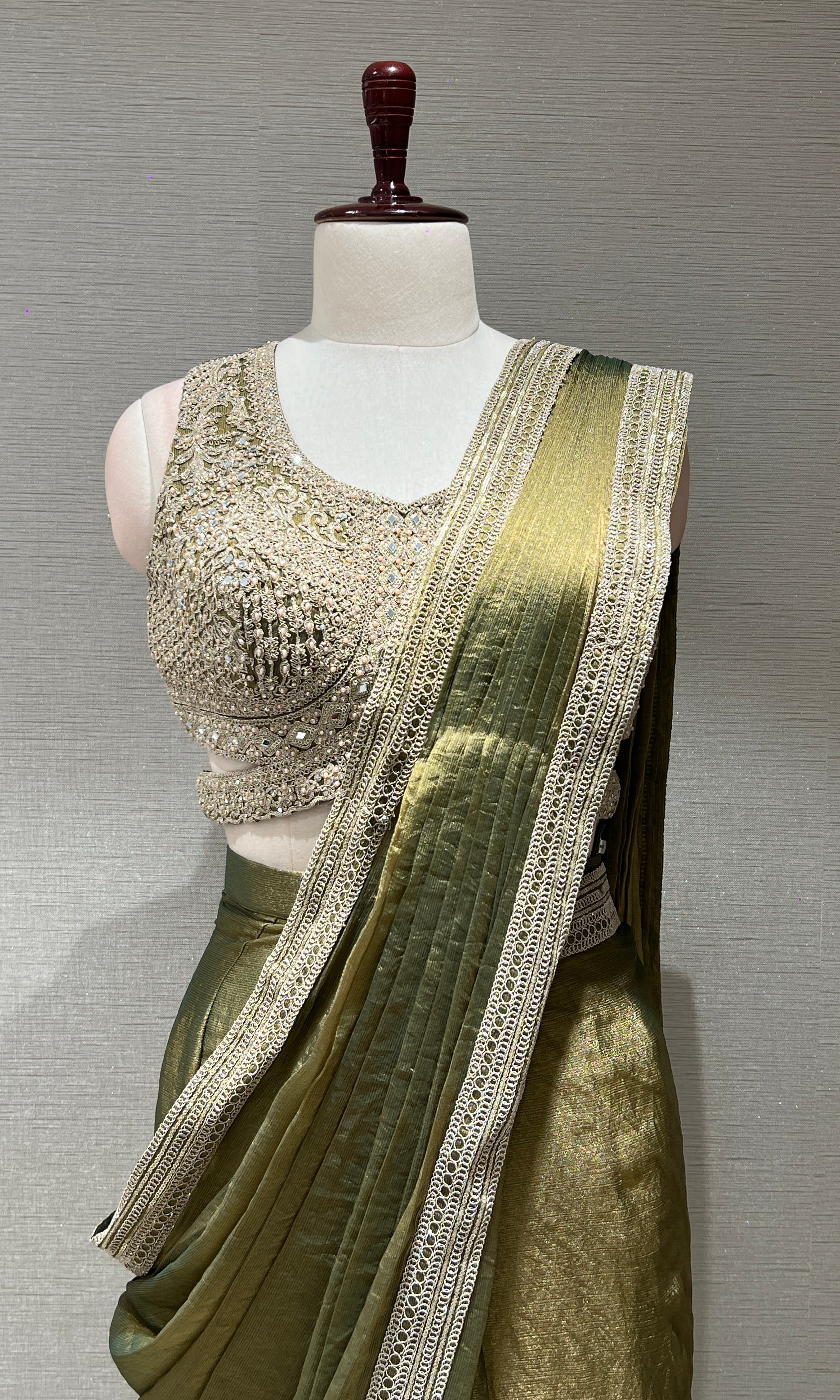GREEN GOLD CORSET BLOUSE DRAPE SAREE