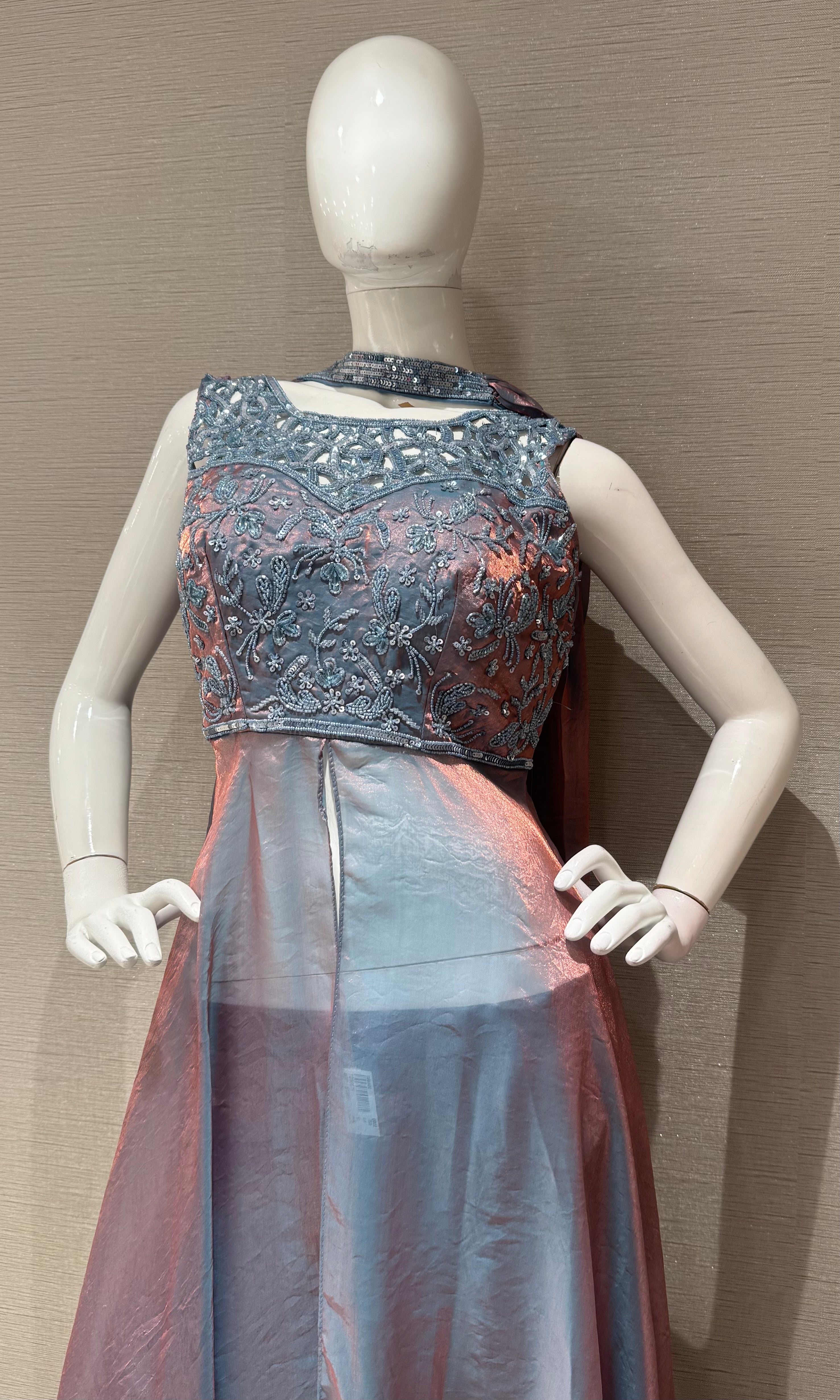 Blue shimmer front slit anarkali palazzo set