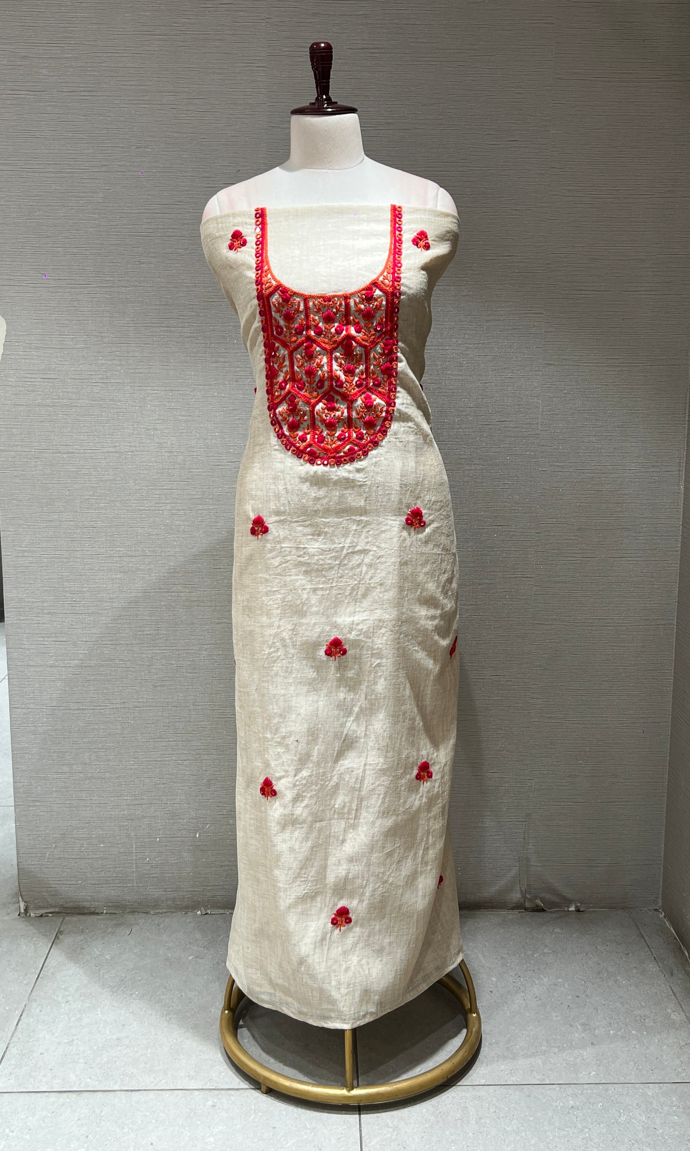 RED FLORAL EMBROIDERED DRESS MATERIAL