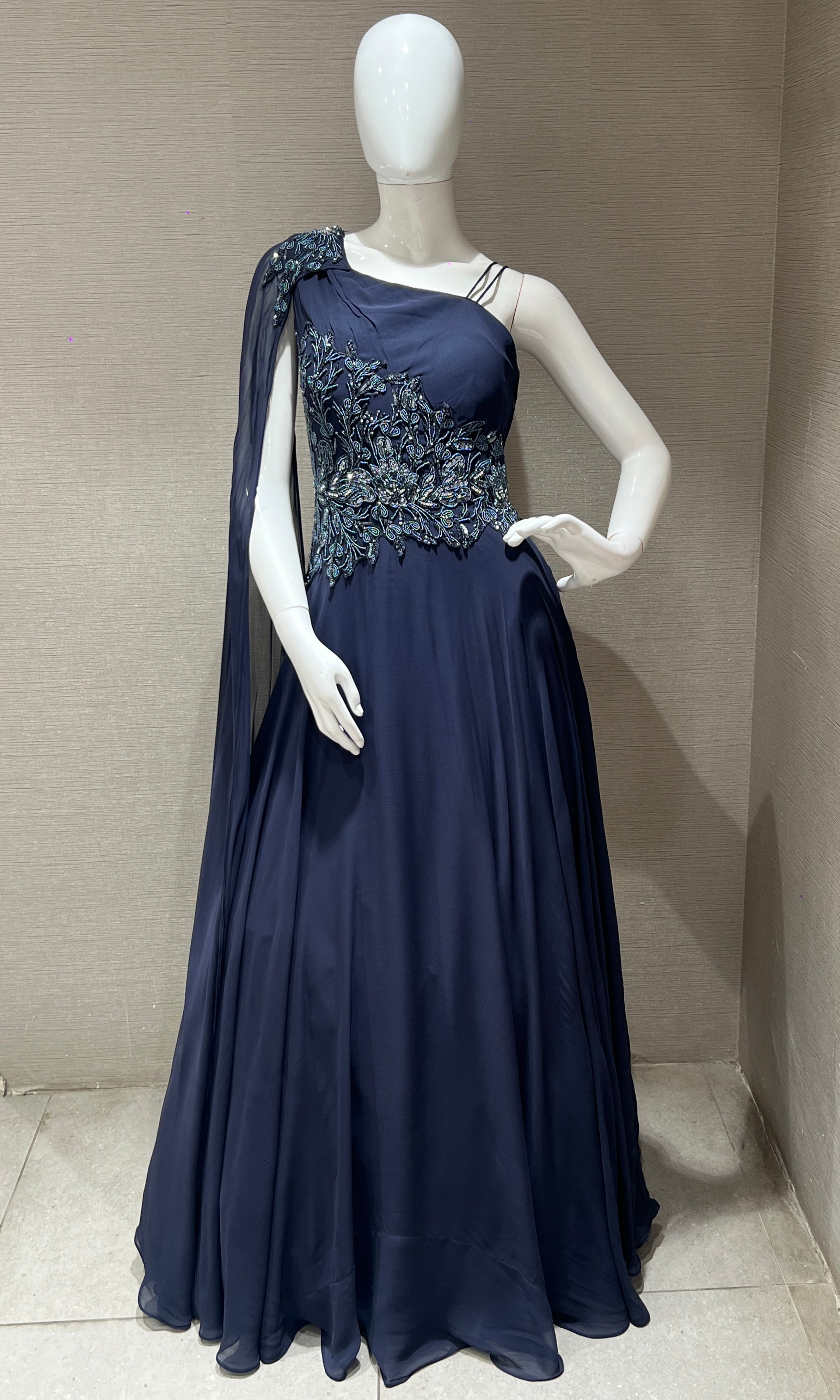 Navy blue long dress with butterfly one shoulder sleeve