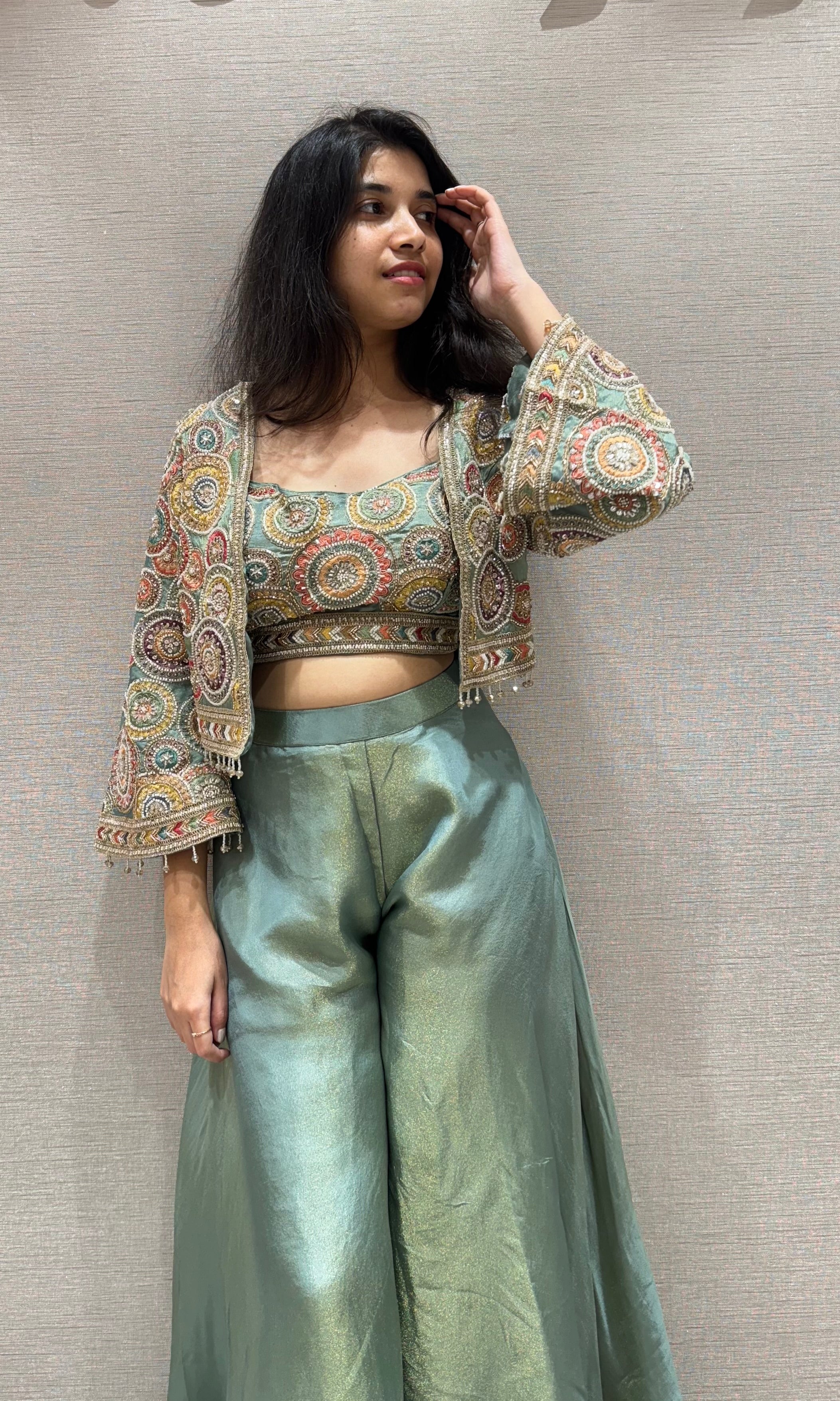 Green EMBROIDERED palazzo WITH JACKET