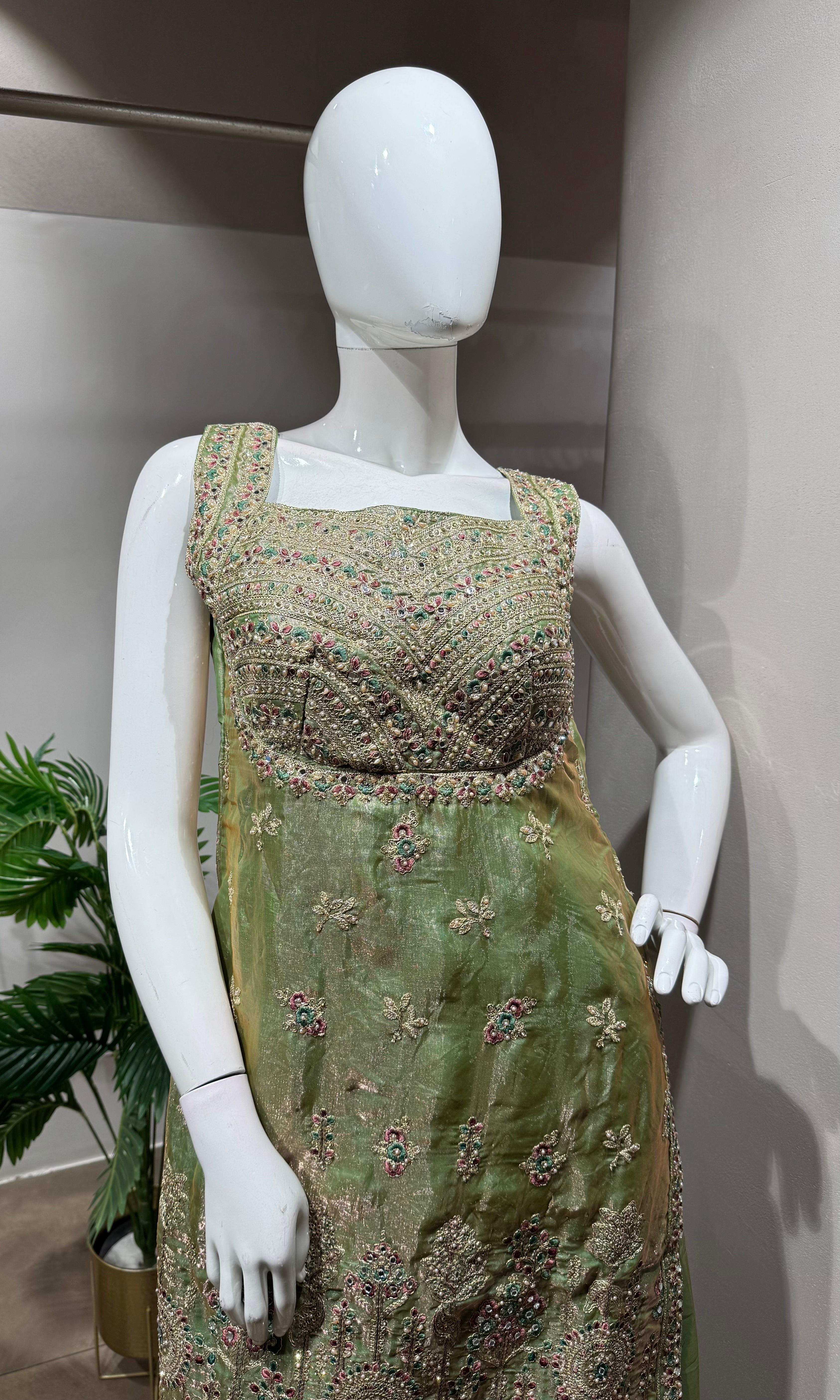 GREEN golden embroidered silk sharara set