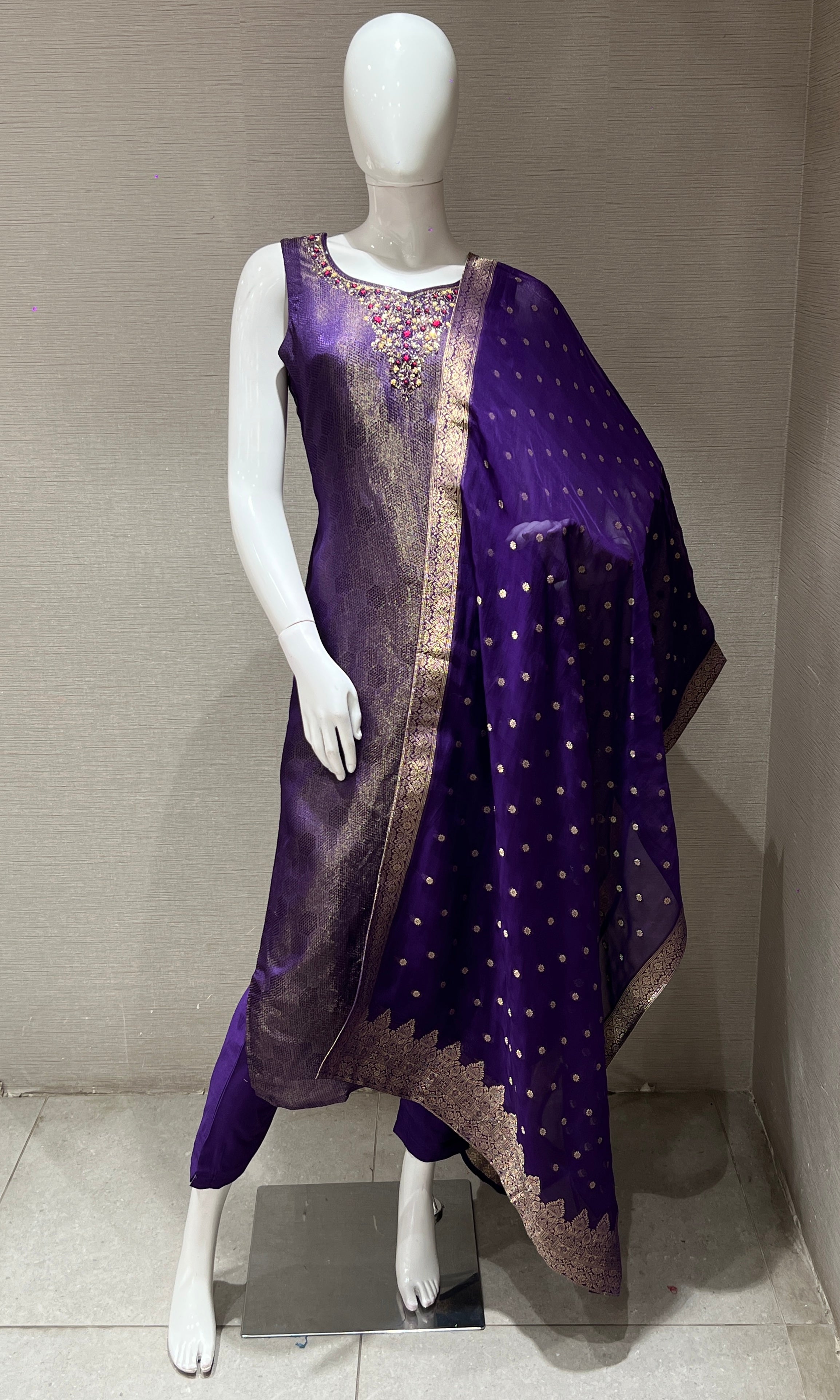 purple Embroidered Banarasi kurta set