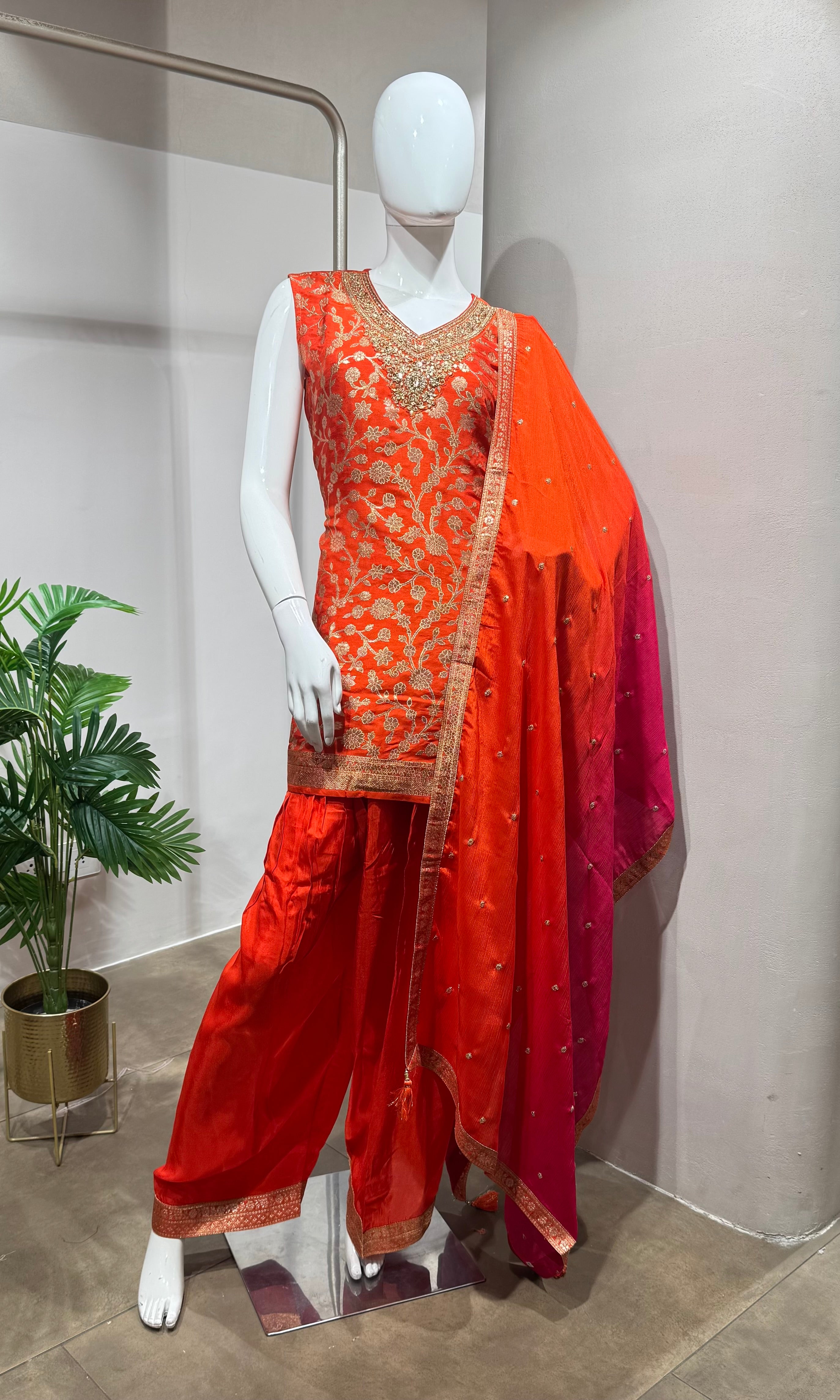 Orange farshi salwar with dual tone dupatta