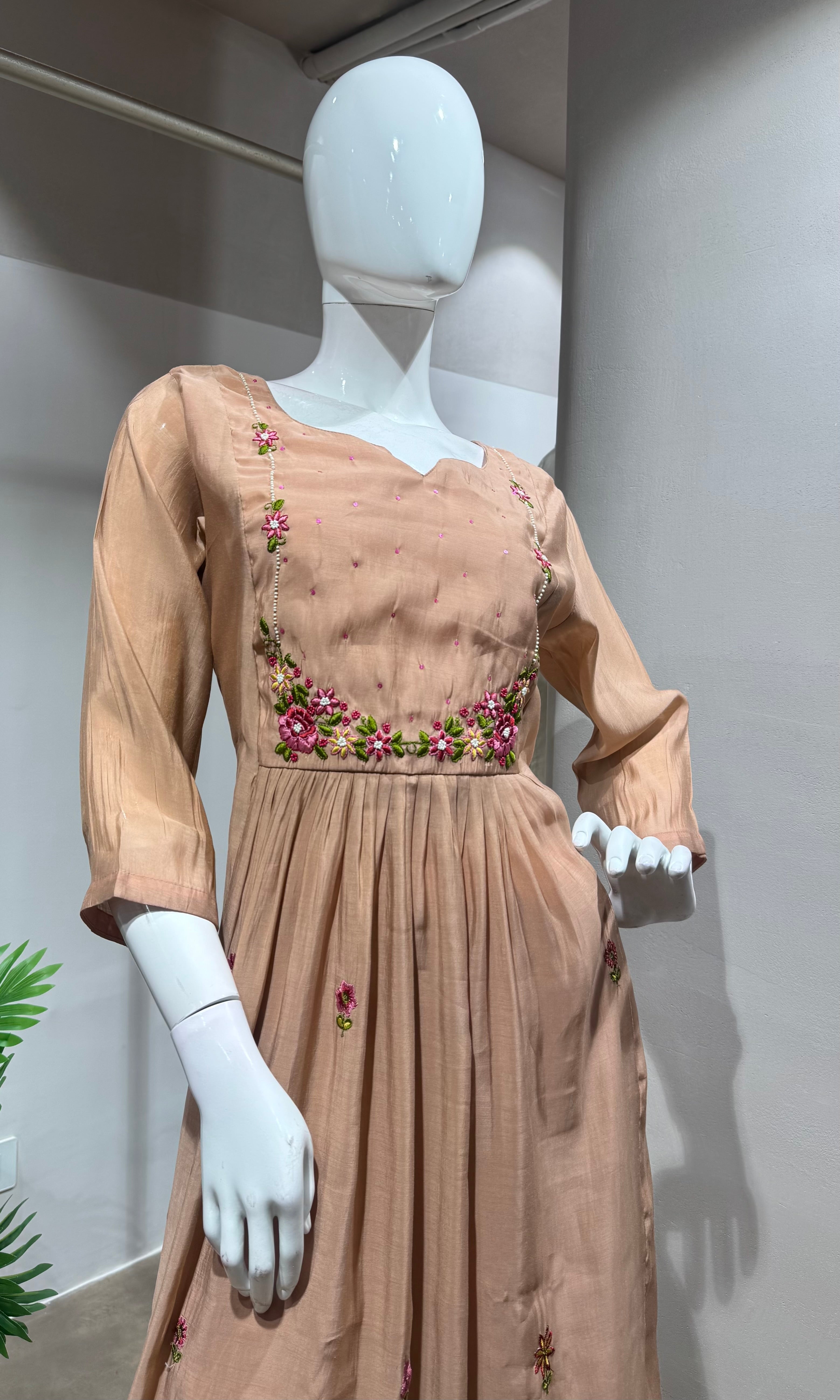Peach Embroidered Mul Chanderi kurta set