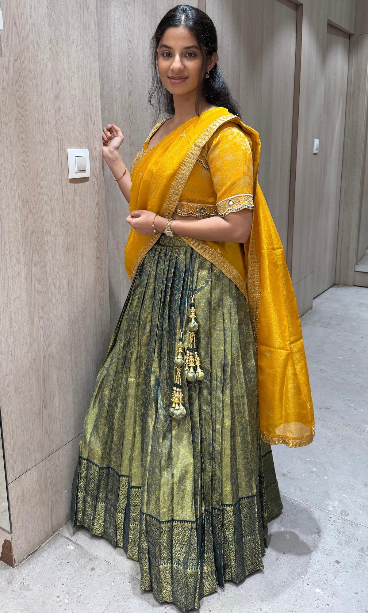 Green and yellow pattu Lehenga