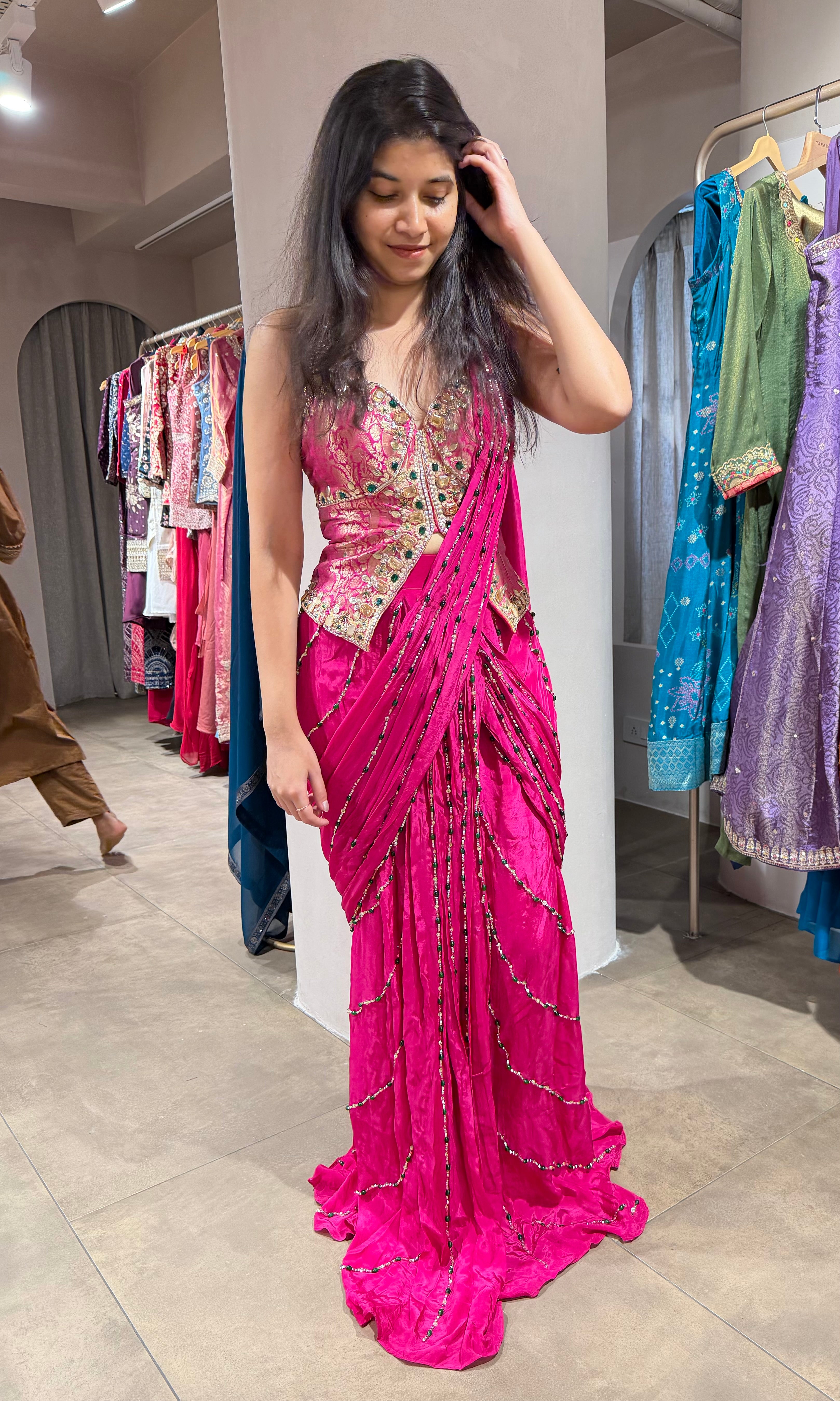 Pink DRAPE SAREE WITH ELEGANT CORSET BLOUSE