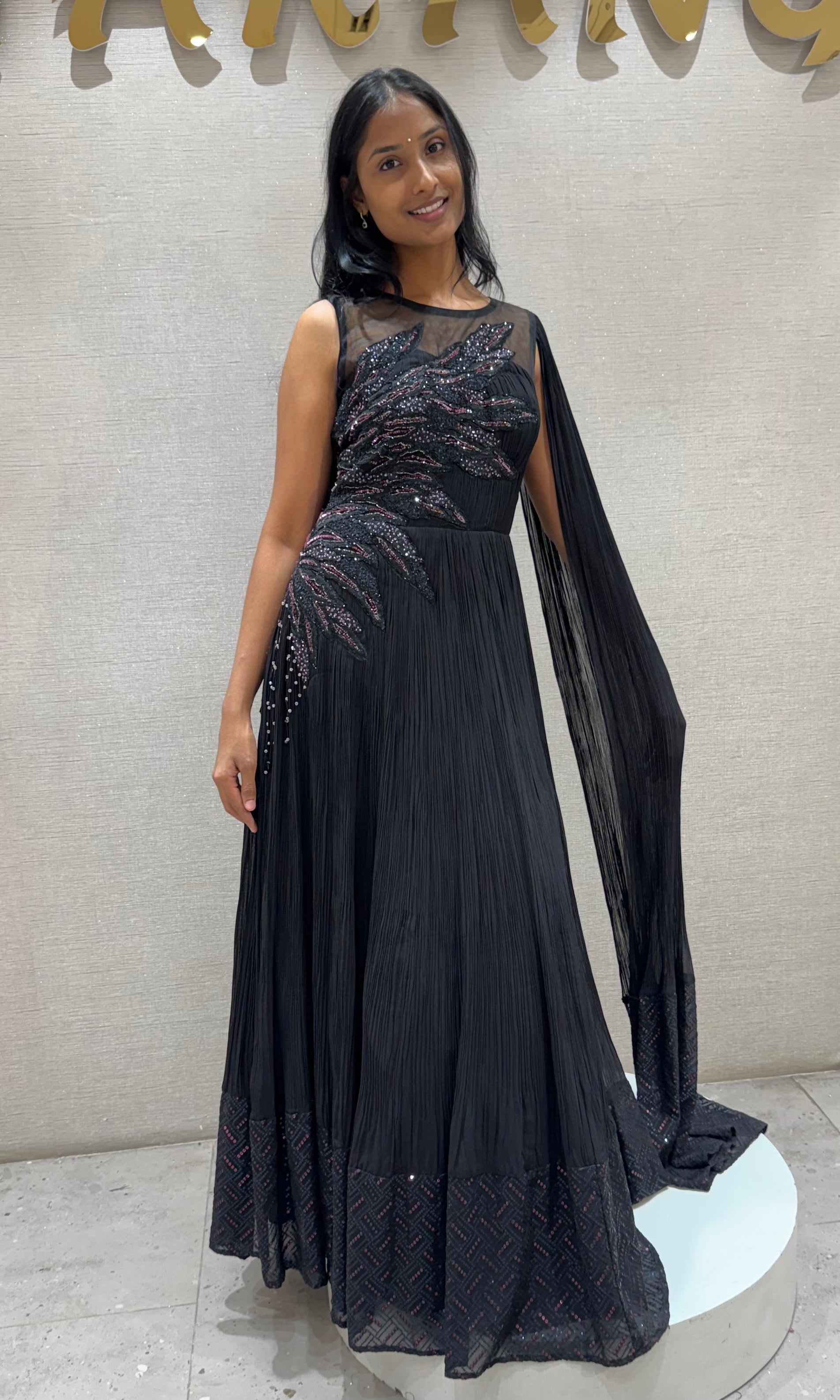 Black Swarovski stone long dress with ruffles