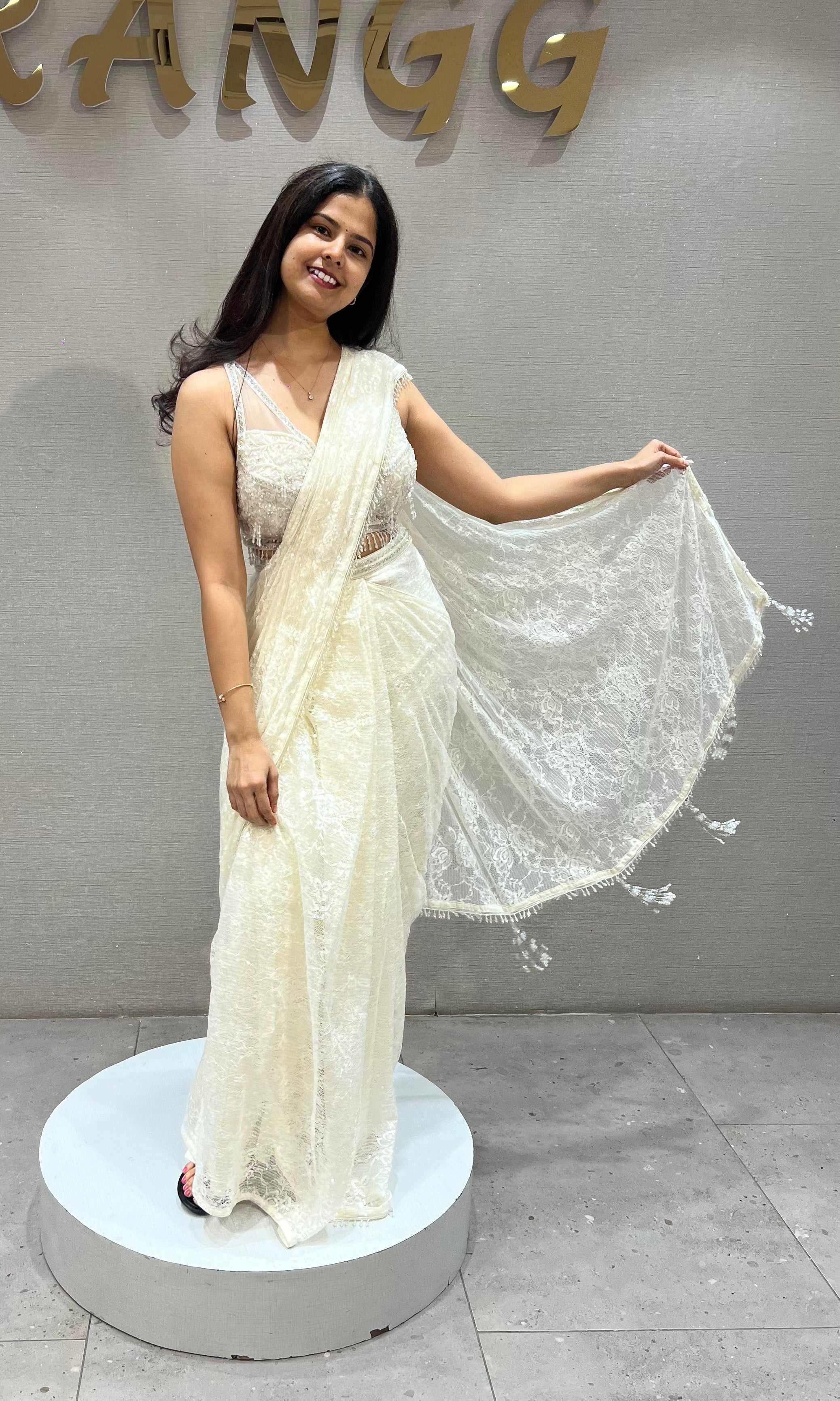 Cream Lace Tissue net Drape Saree with Blouse