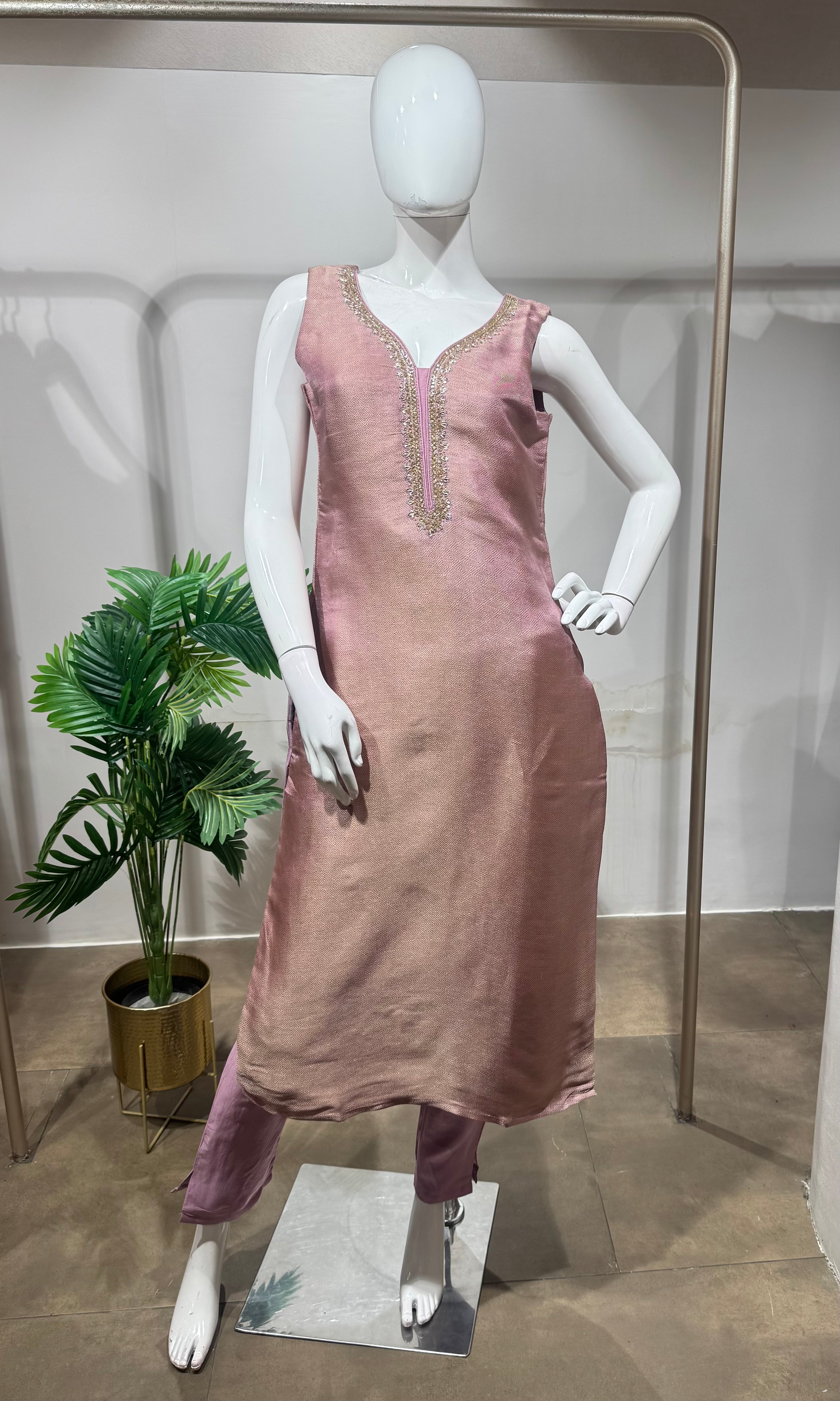 Pink Tissue embroidered Straight Cut