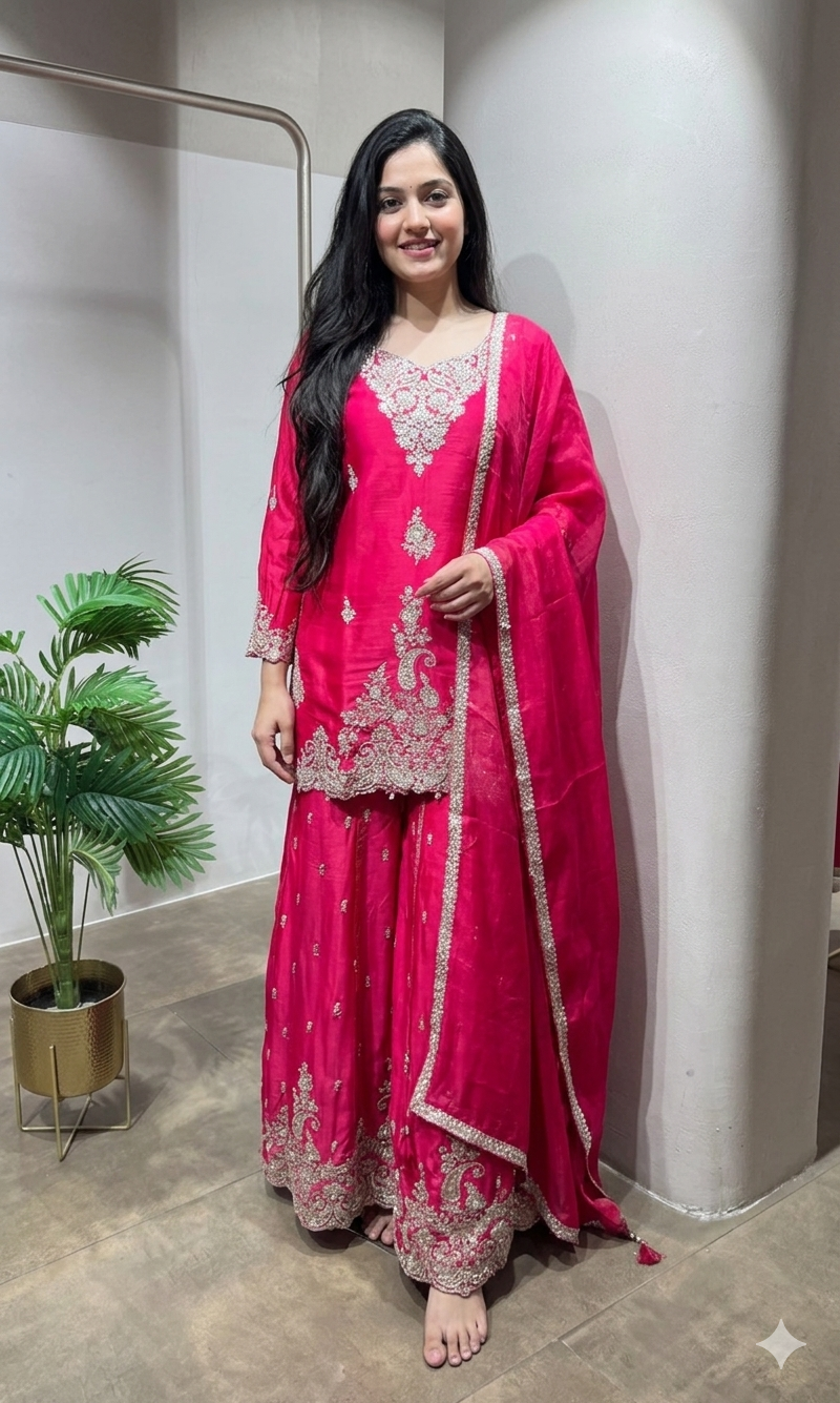 Rani Pink Designer Embroidery Sharara set