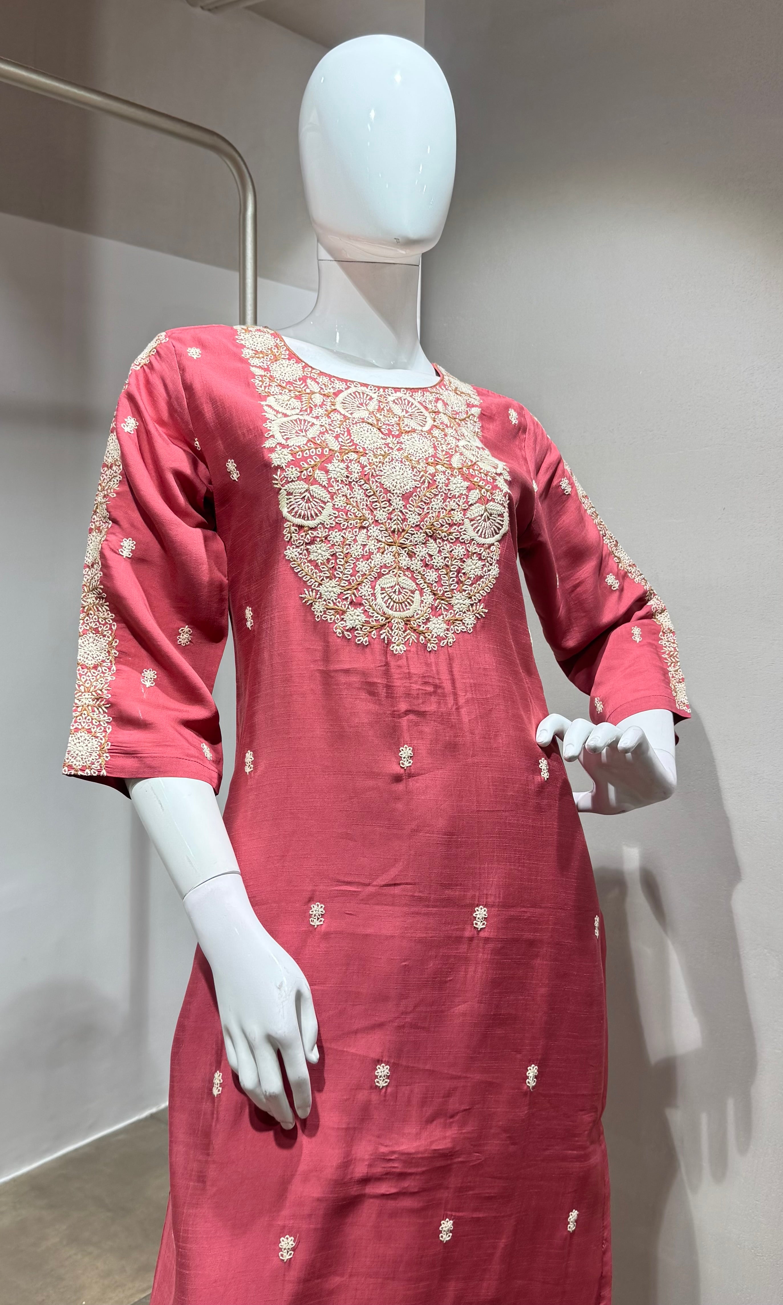 Pink thread work Embroidery kurta set