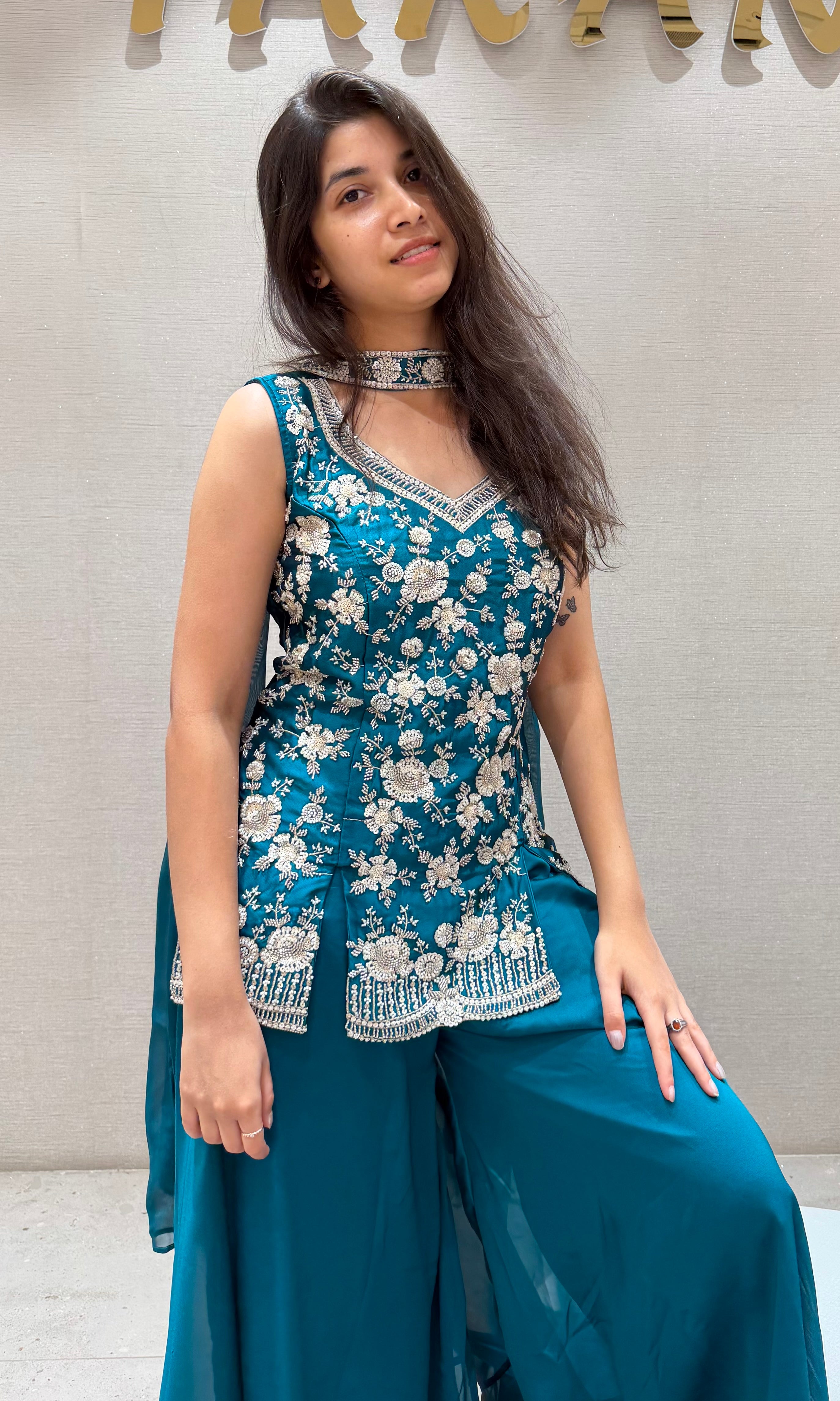 Rama blue embroidered sharara set