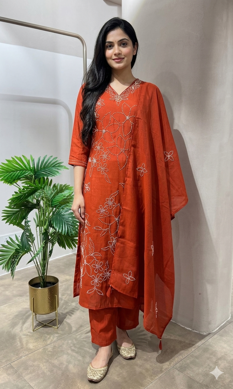 RUST FLORAL BEAD WORK MUL CHANDERI KURTA SET