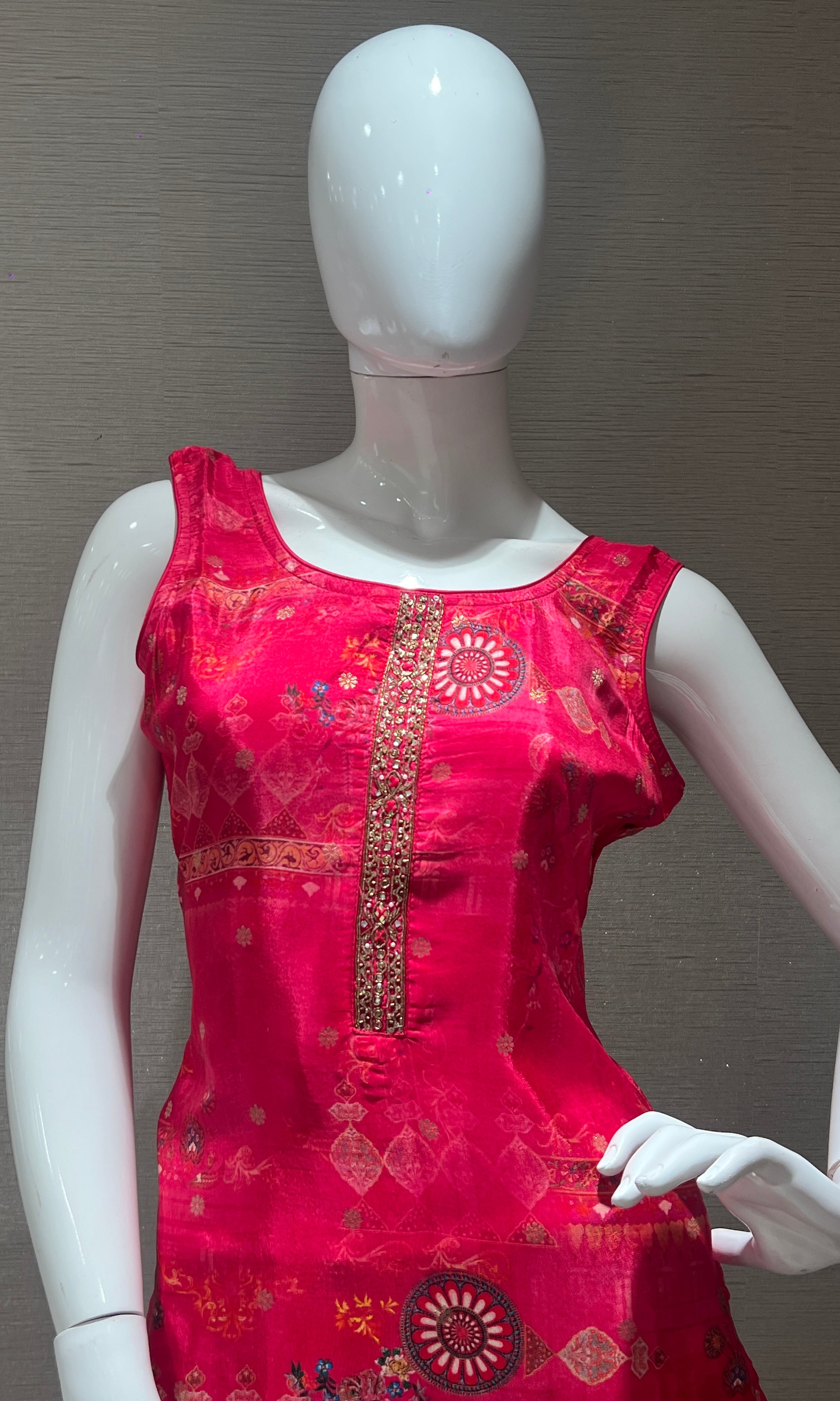 pink kurta set with a printed dupatta