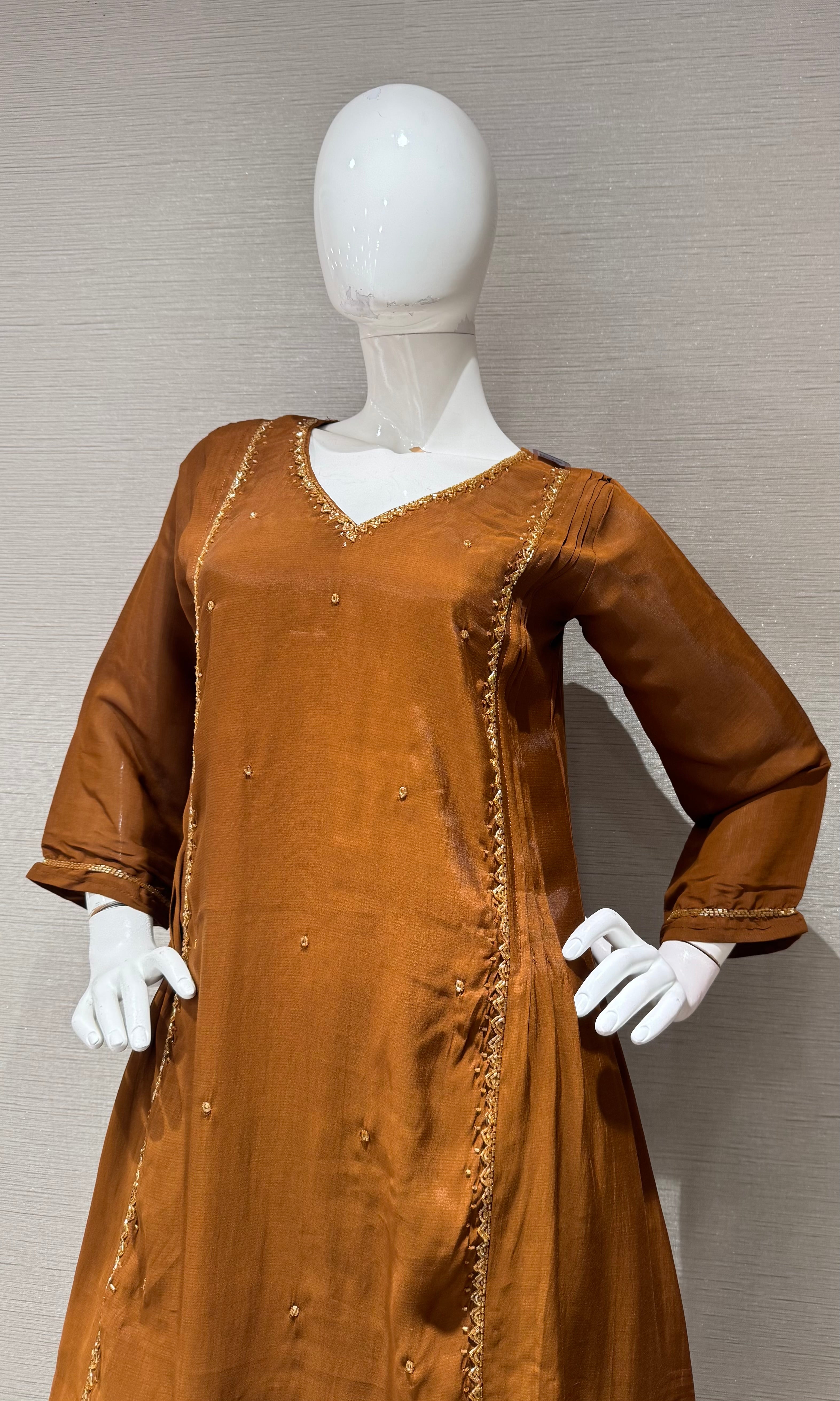 Brown A line Cotton Kurta set with dupatta