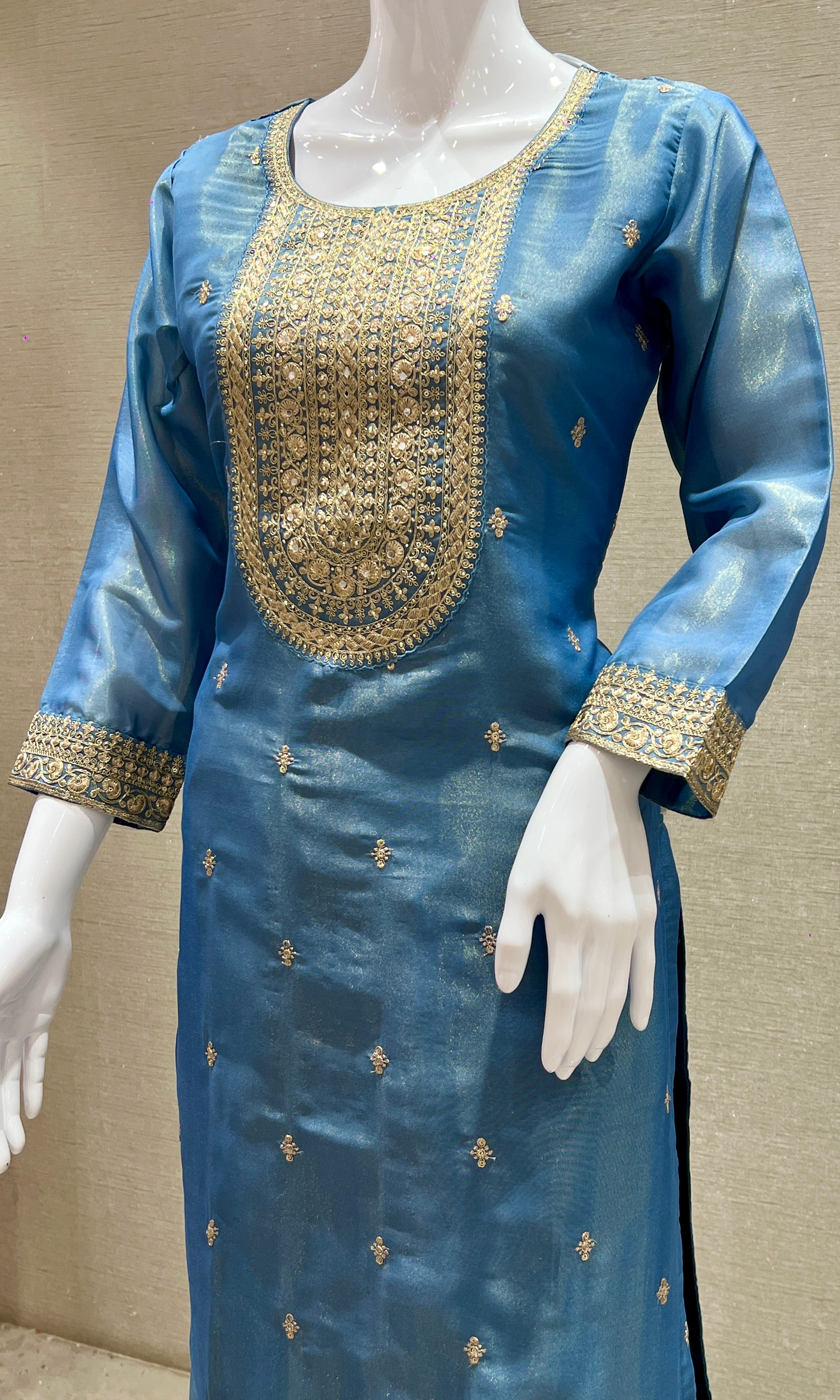 Blue Silk Embroidered Kurta Set with Churidar & Dupatta