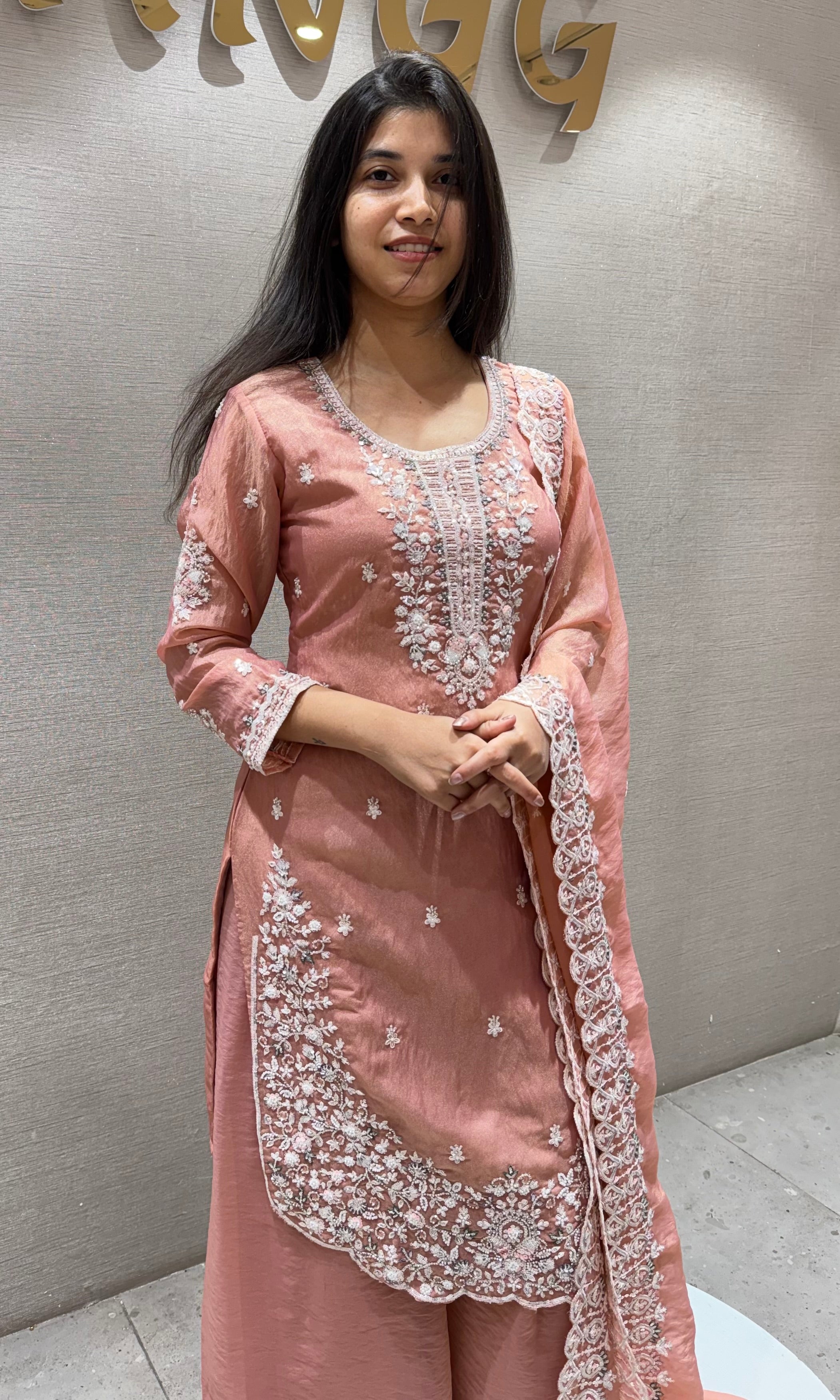 Peach Embroidered Organza SHARARA SUIT