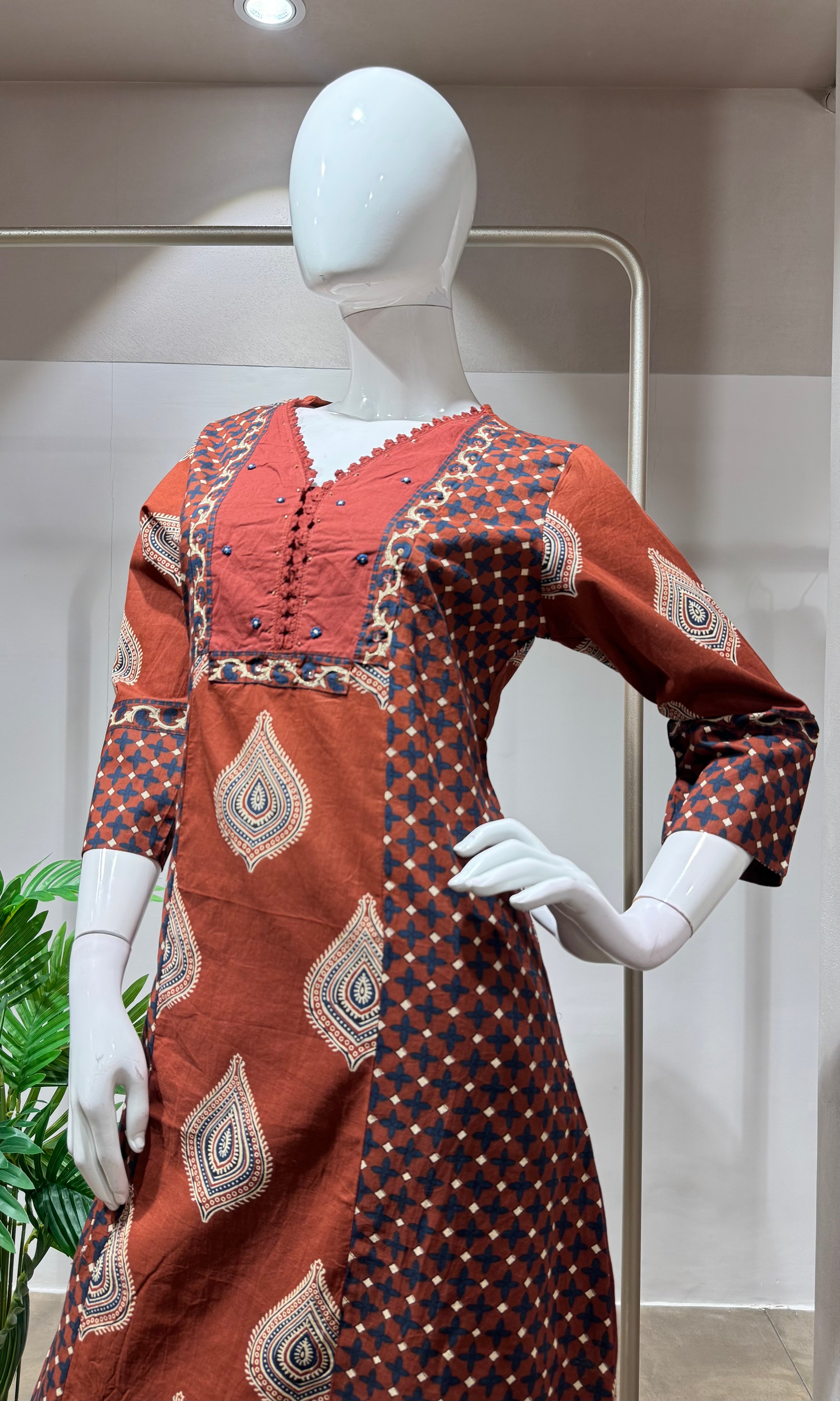 Brown block print design kurta set